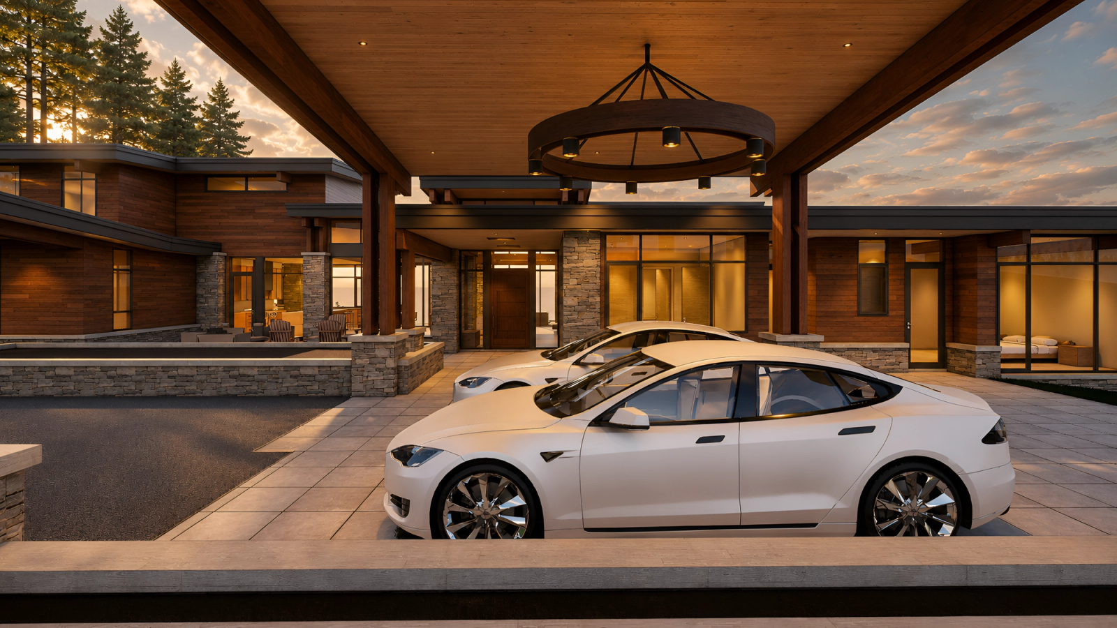post and beam port cochere entry to waterfront home