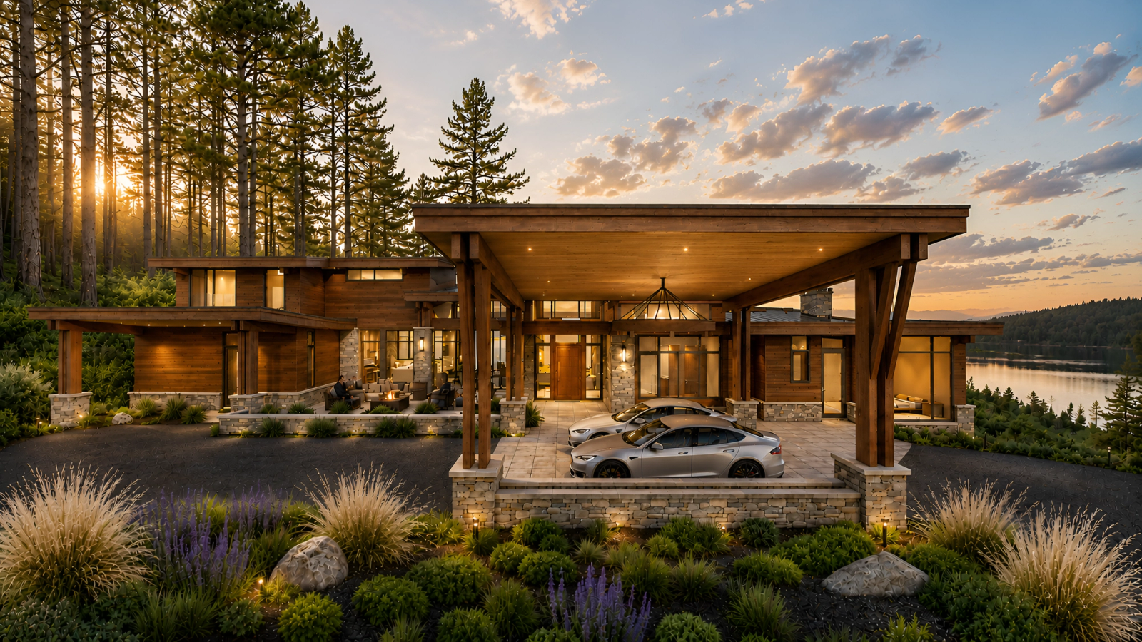 west coast post and beam exterior dusk view