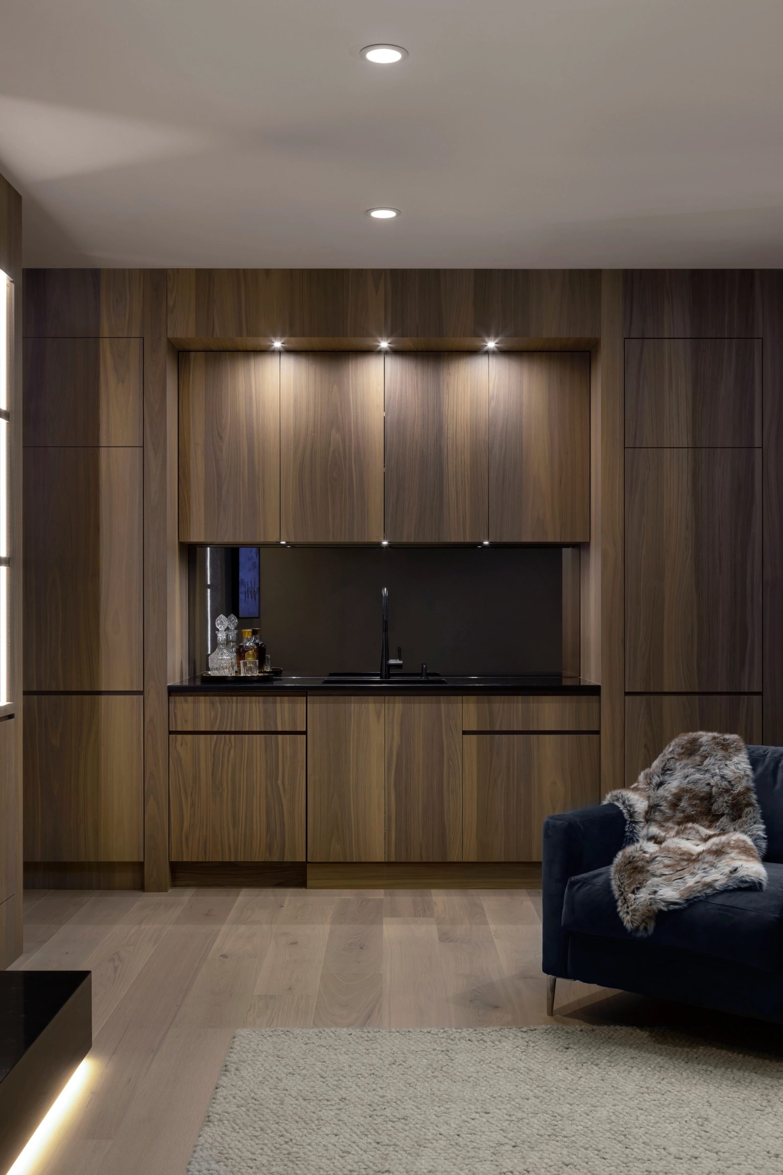 Lower floor walnut and black stone, at room scale and at cabinet scale