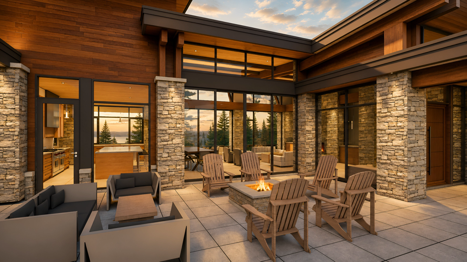 sheltered leeward patio on a waterfront post and beam home