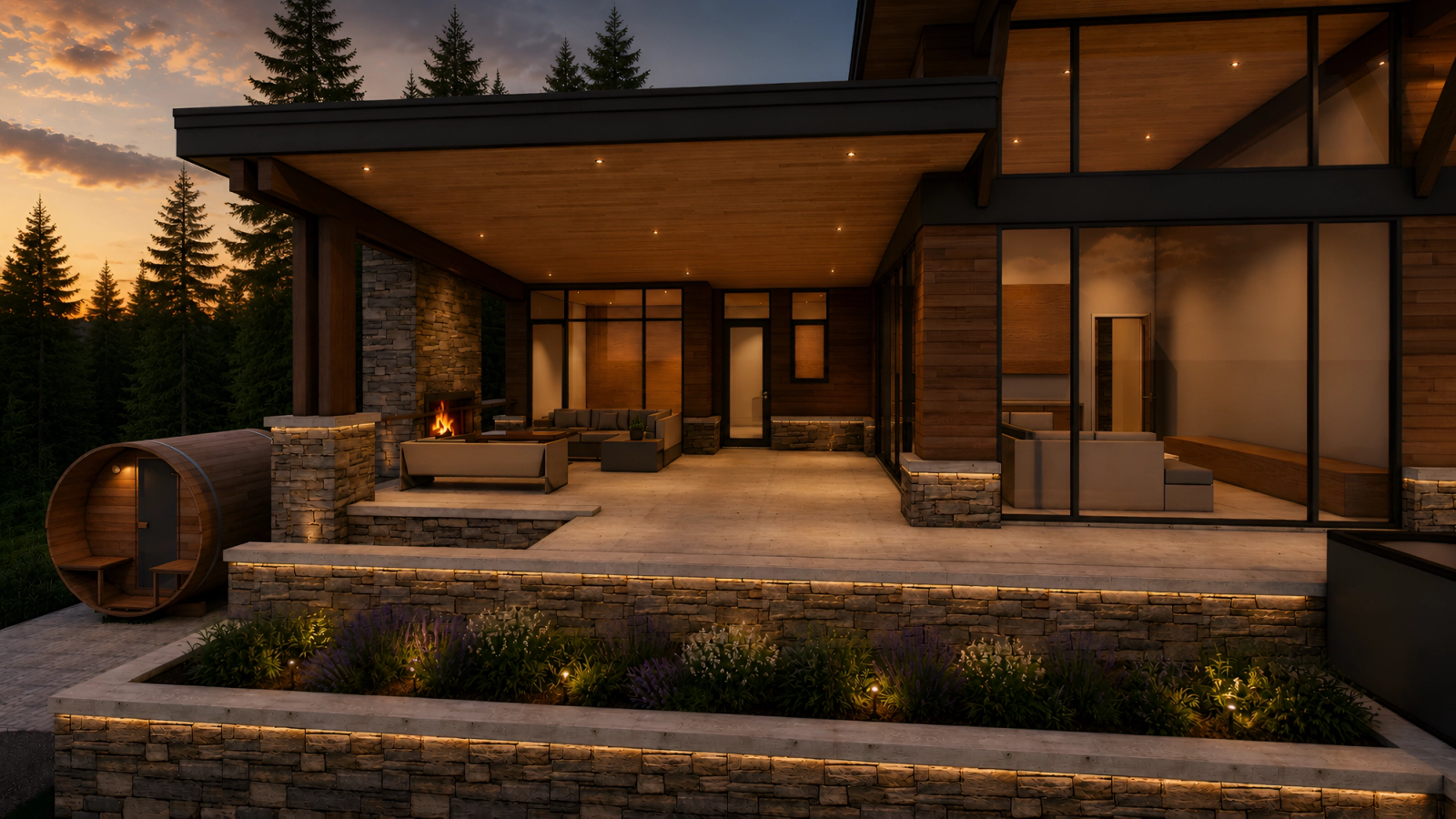 west coast post and beam exterior covered patio and sauna