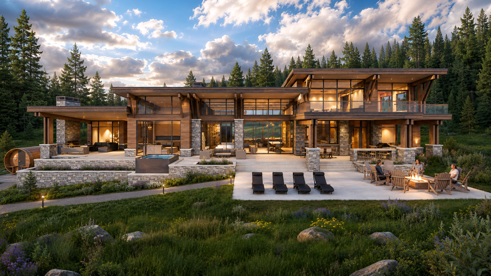 west coast post and beam exterior dusk view