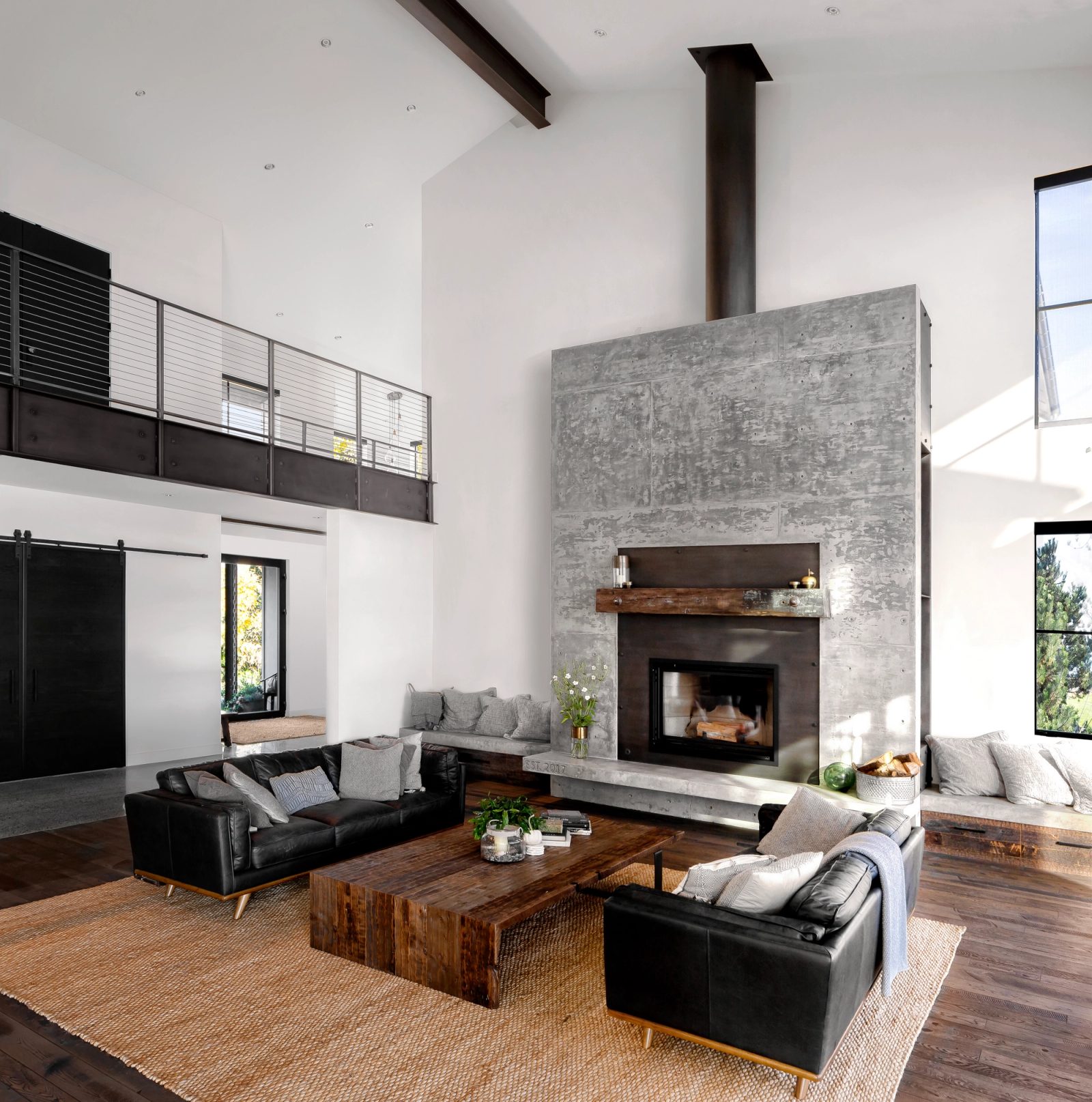 Living room, concrete fireplace