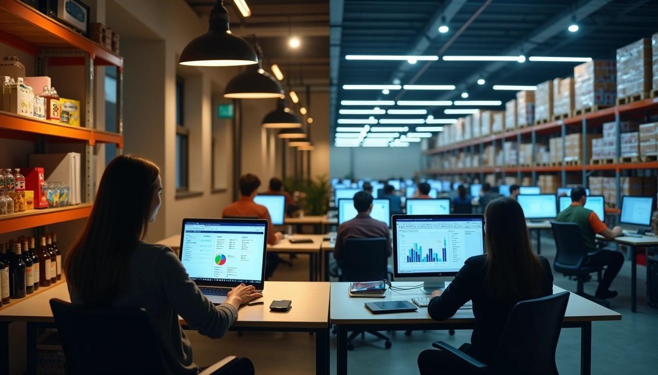 split screen of a woman using DOSS CPG software