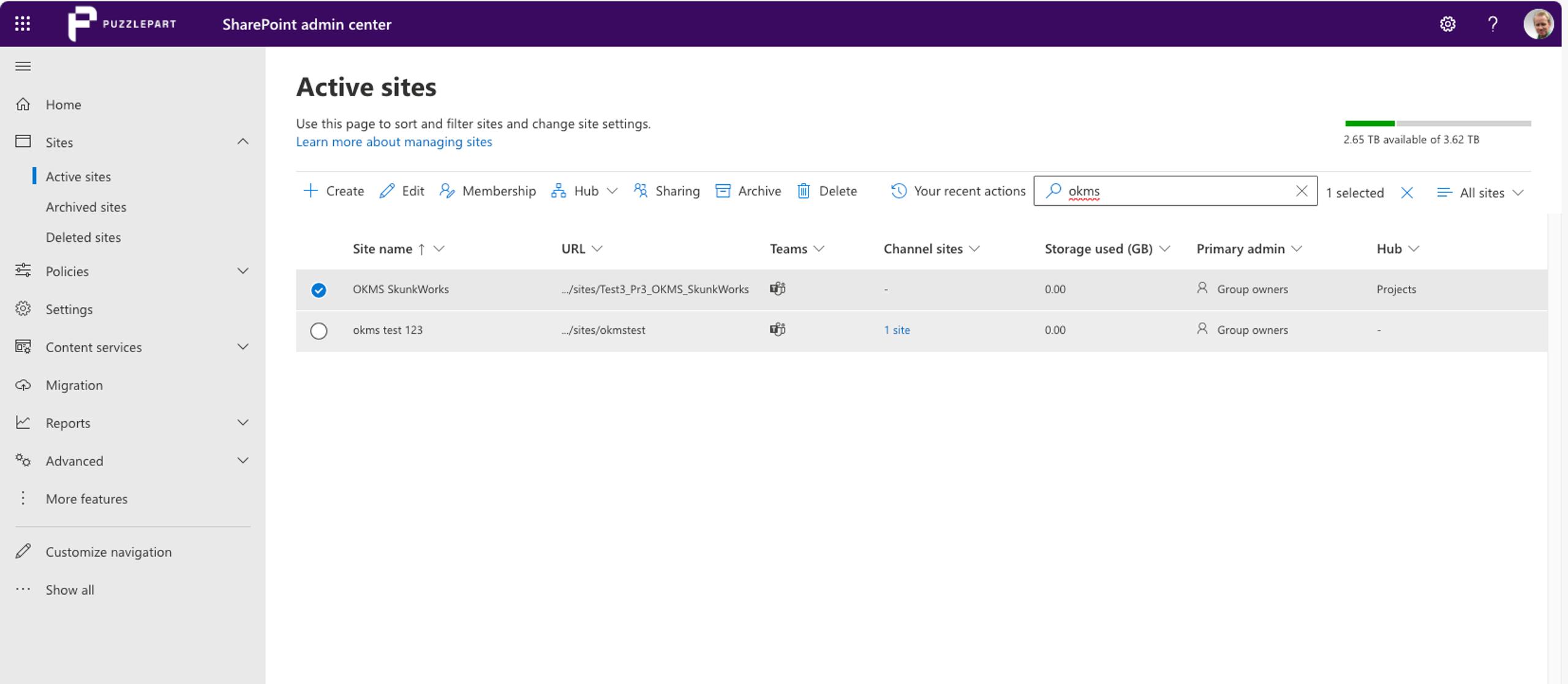 Skjermbilde: Microsoft365 Archive active sites