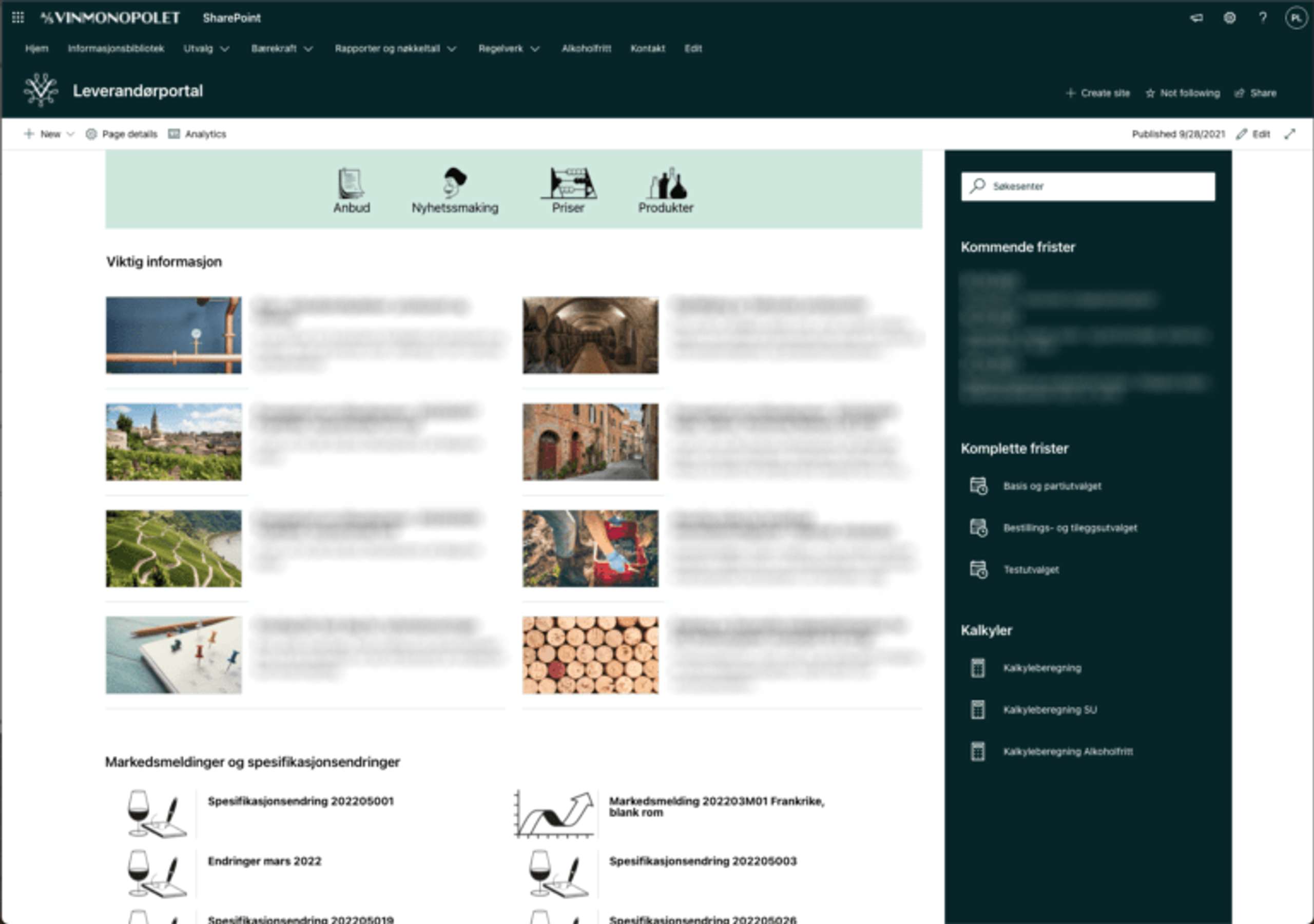 Skjermbilde av leverandørportal for Vinmonopolet - Forside