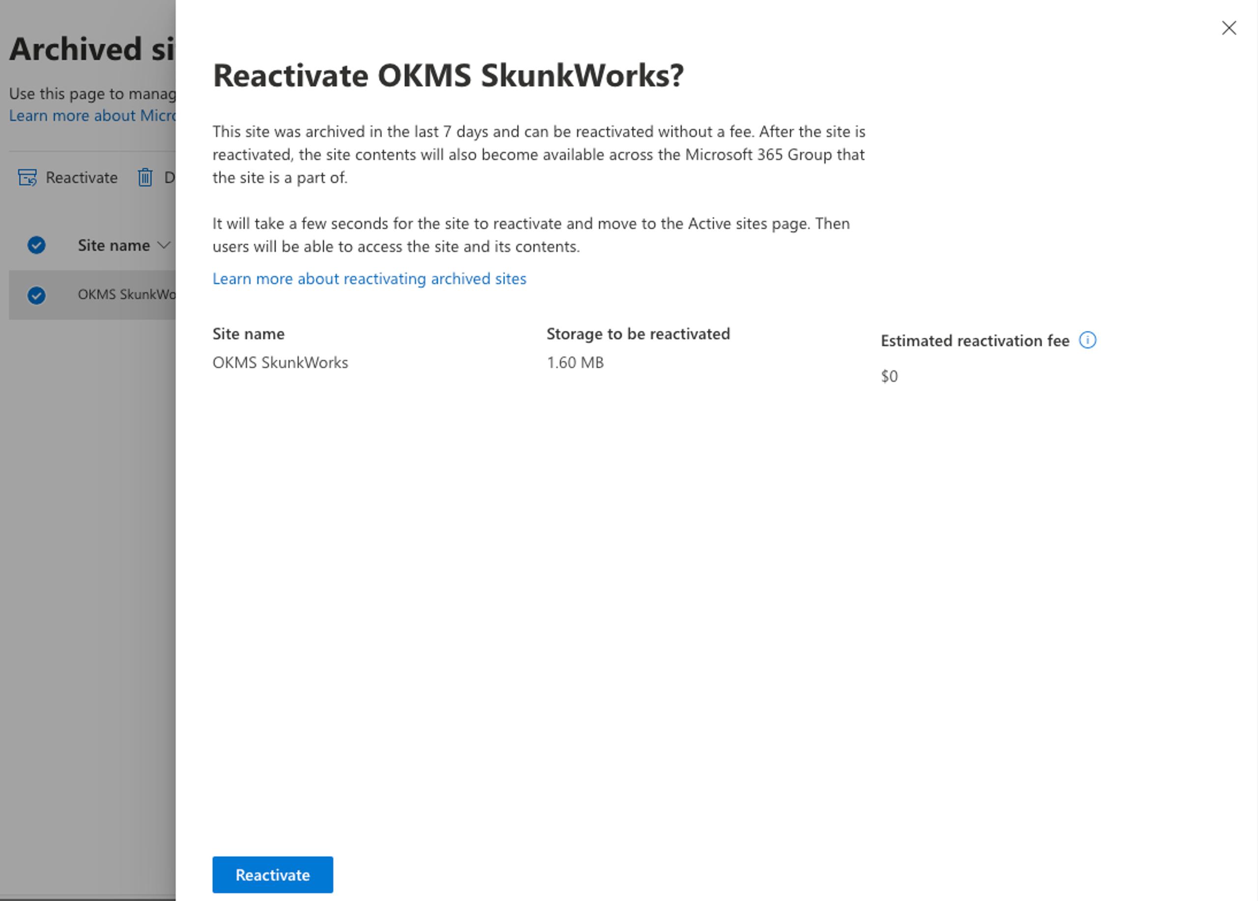 Skjermbilde: Microsoft365 Archive reactivate sites