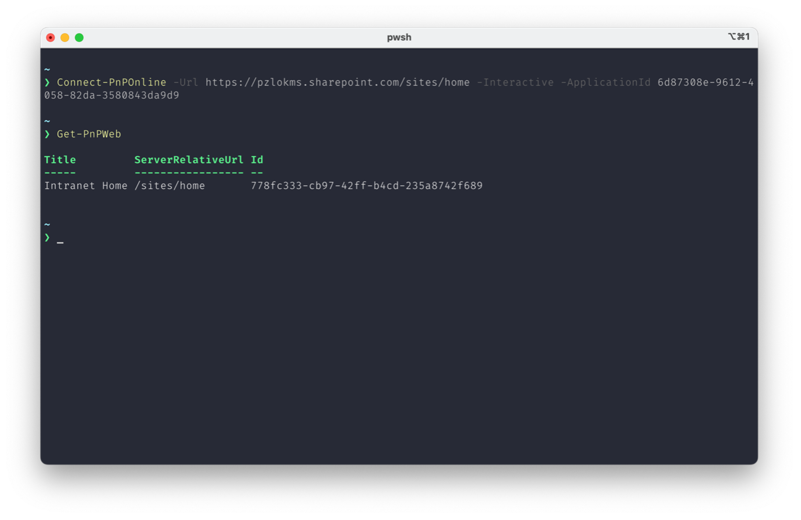 Skjermbilde PowerShell - Connect-PnPOnline