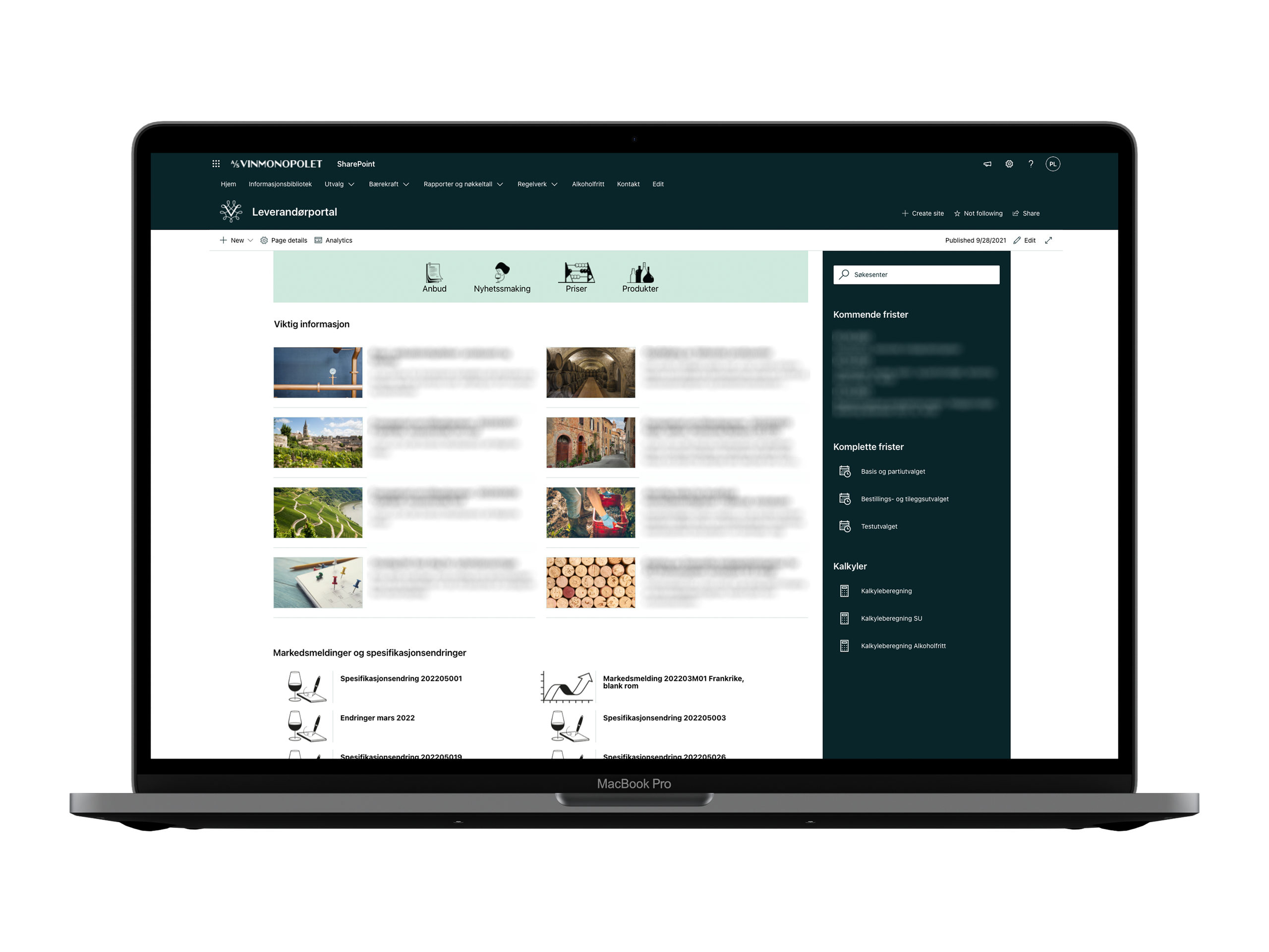 Skjermbilde av leverandørportal for Vinmonopolet