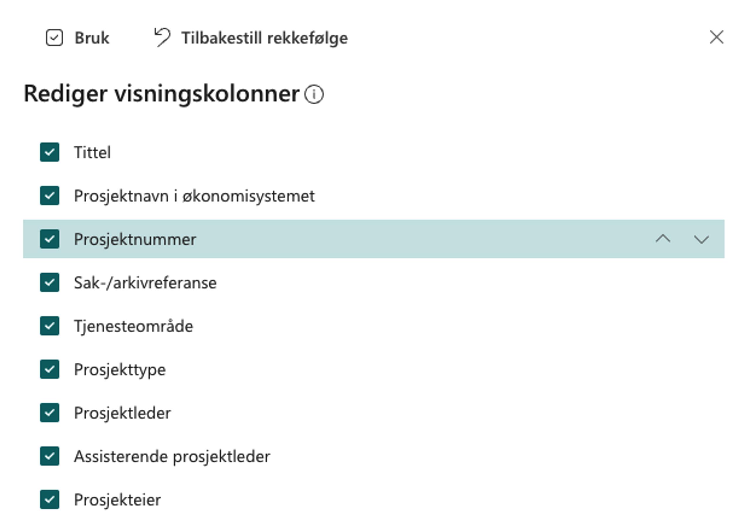 Skjermbilde Prosjektportalen - Rediger visningskolonner