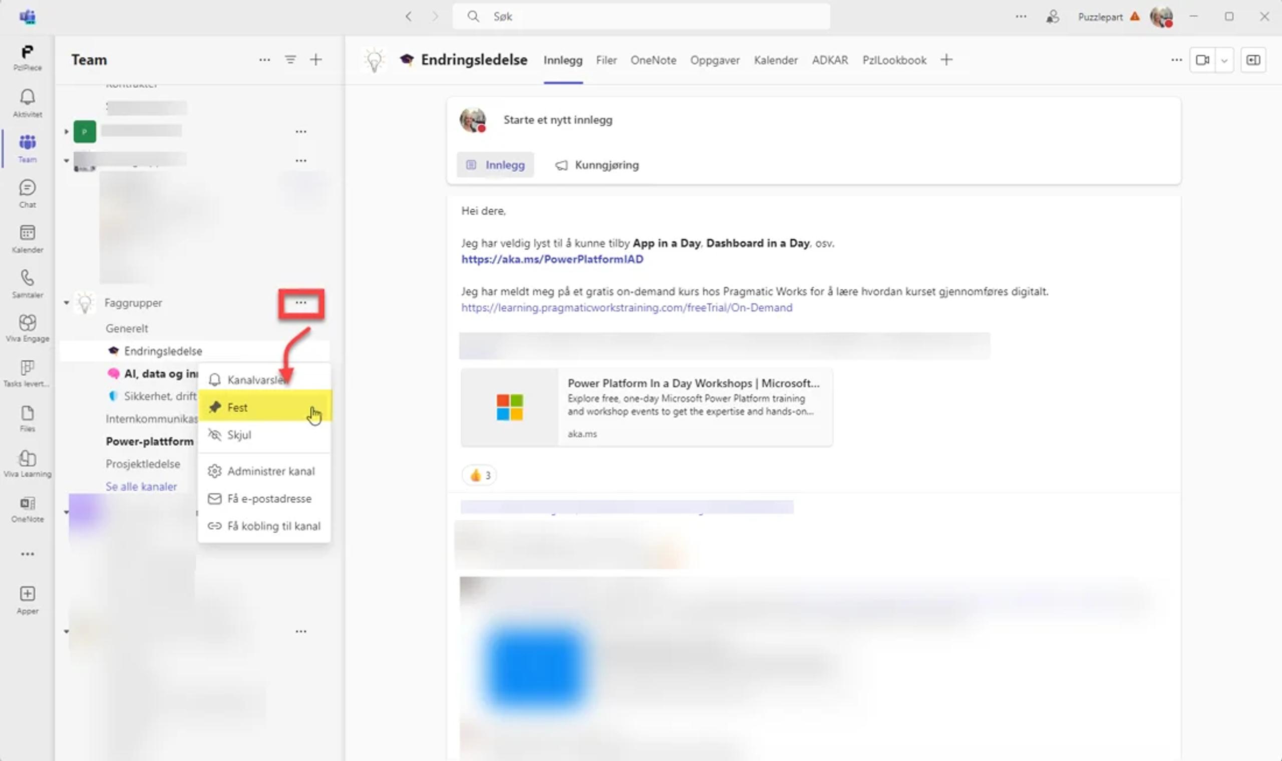 Skjermbilde av feste-funksjon på teamskanaler