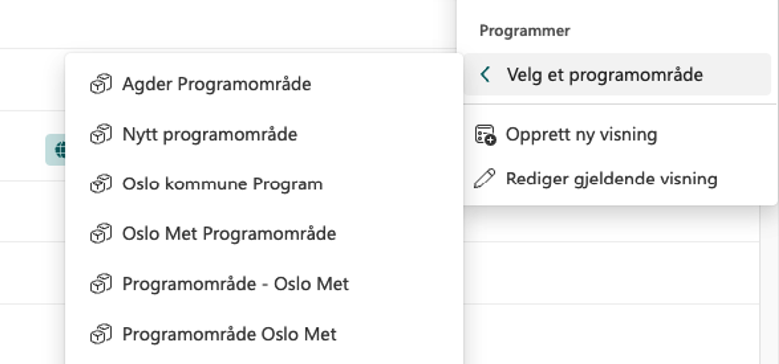 Skjermbilde Prosjektportalen - Programområdevisning