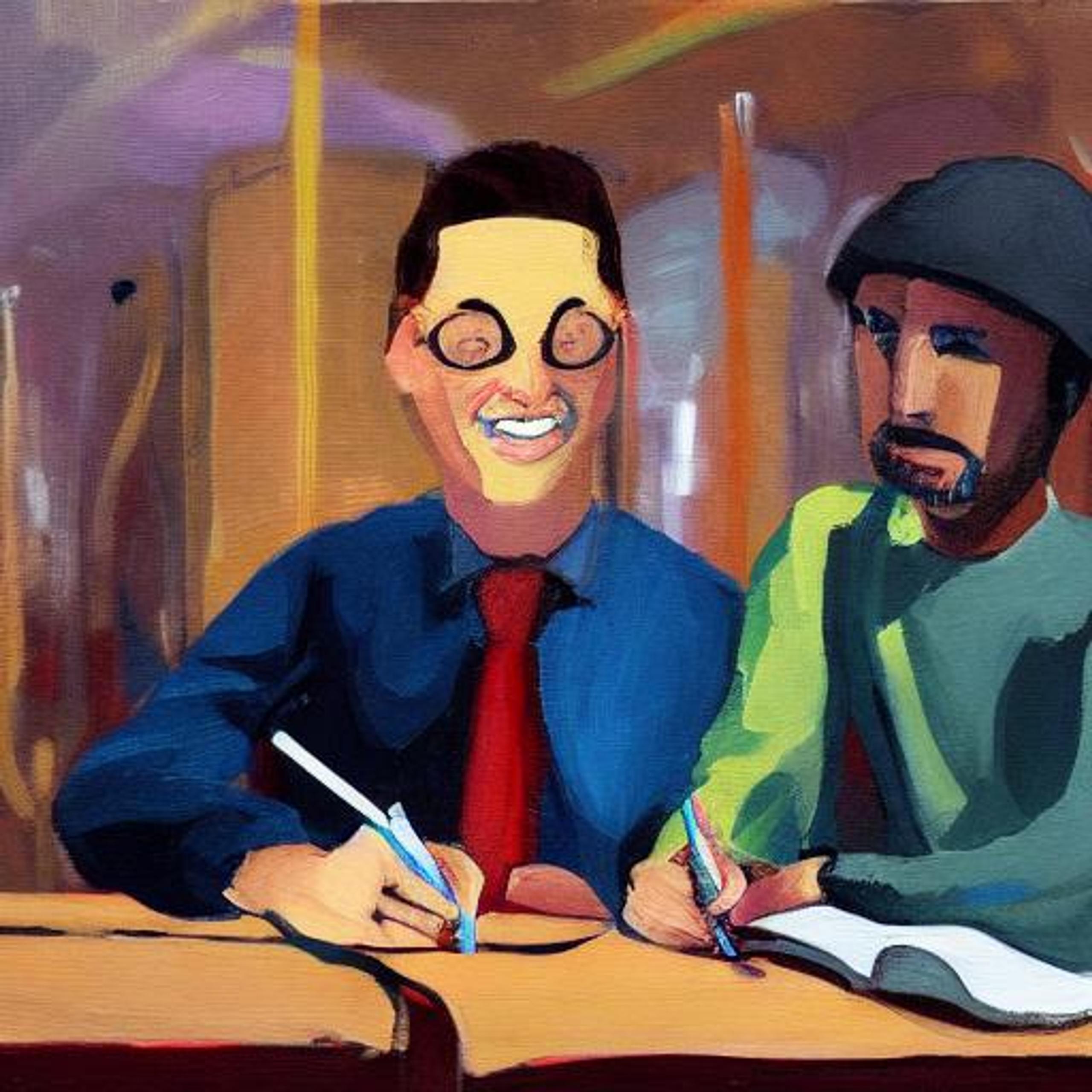 Painting of two guys writing an article about the impact of artificial intelligence in the future” – Generated by RunwayML