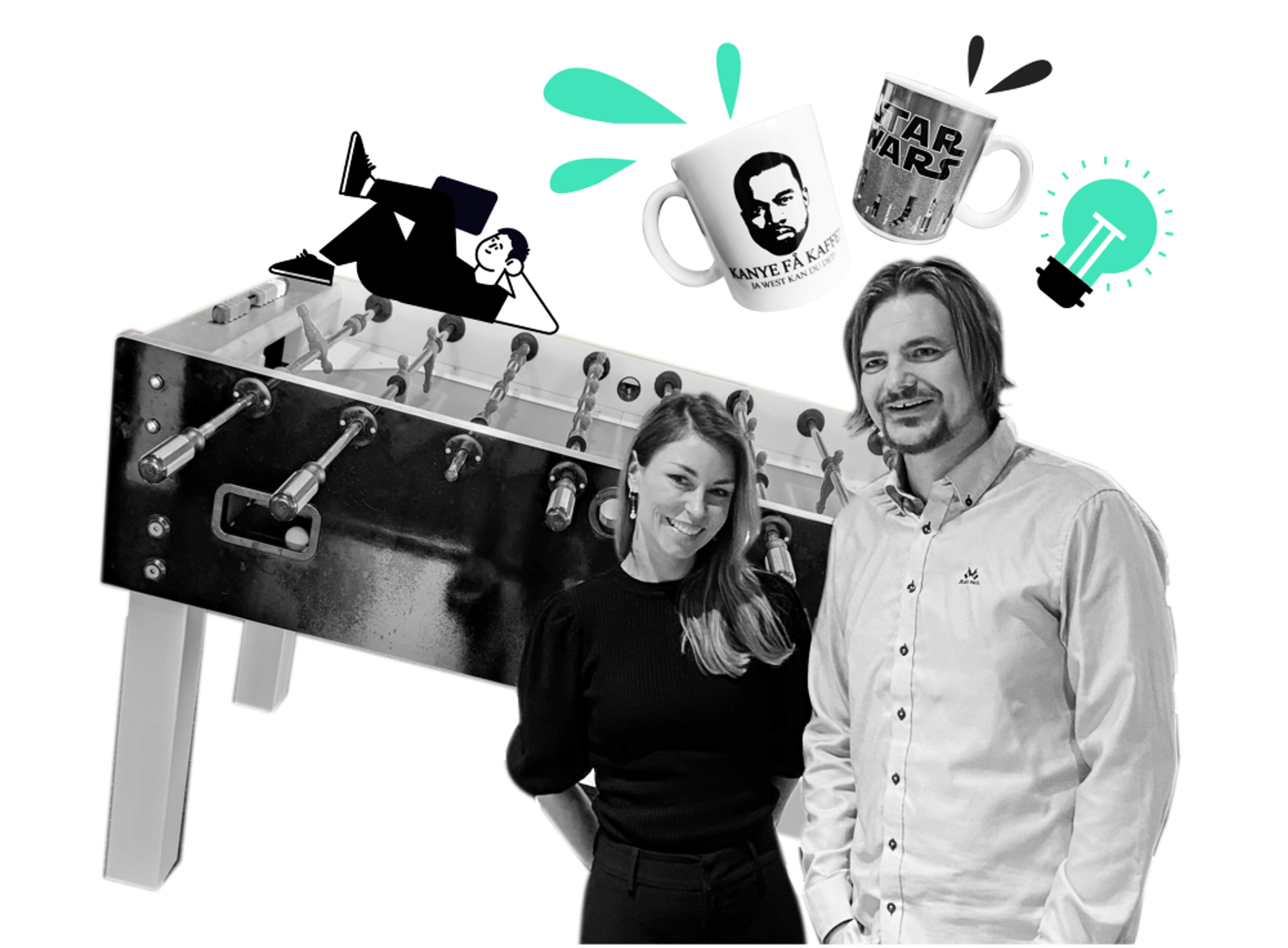 Julie Lorch-Falch Chrissafopoulos og Fredrik Skarderud med foosball-bord og kreative kaffekopper