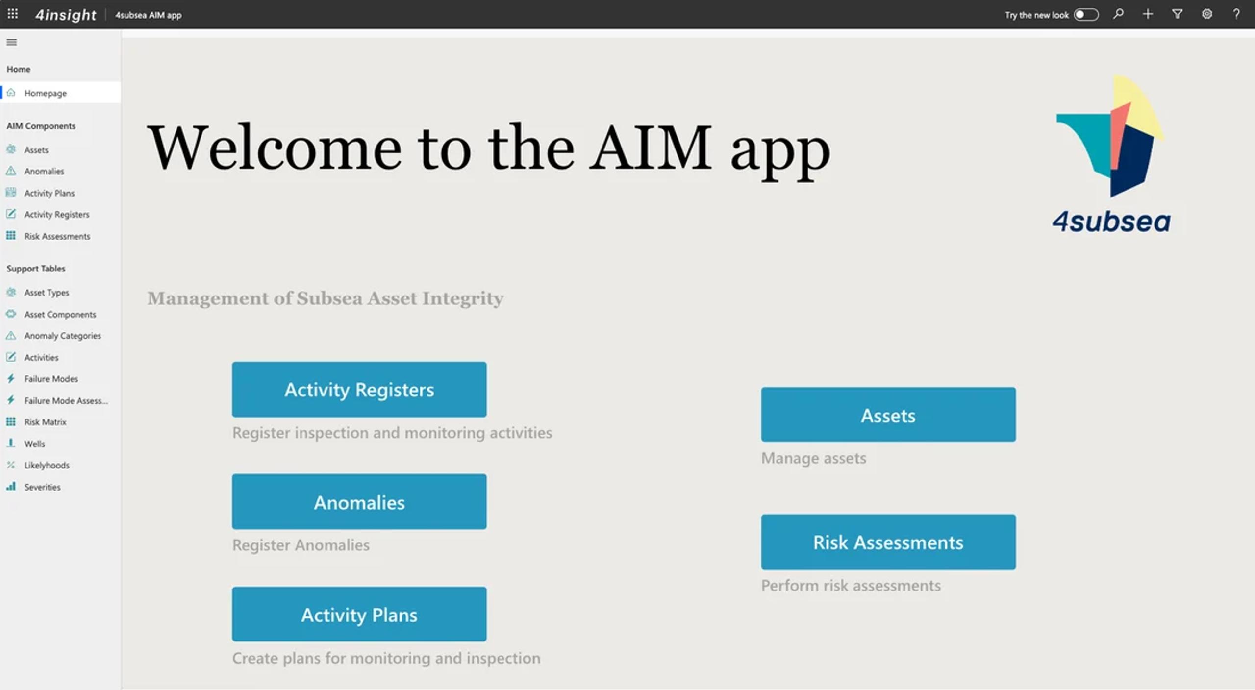 Skjermbilde landingsside for AIM app 4SubSea
