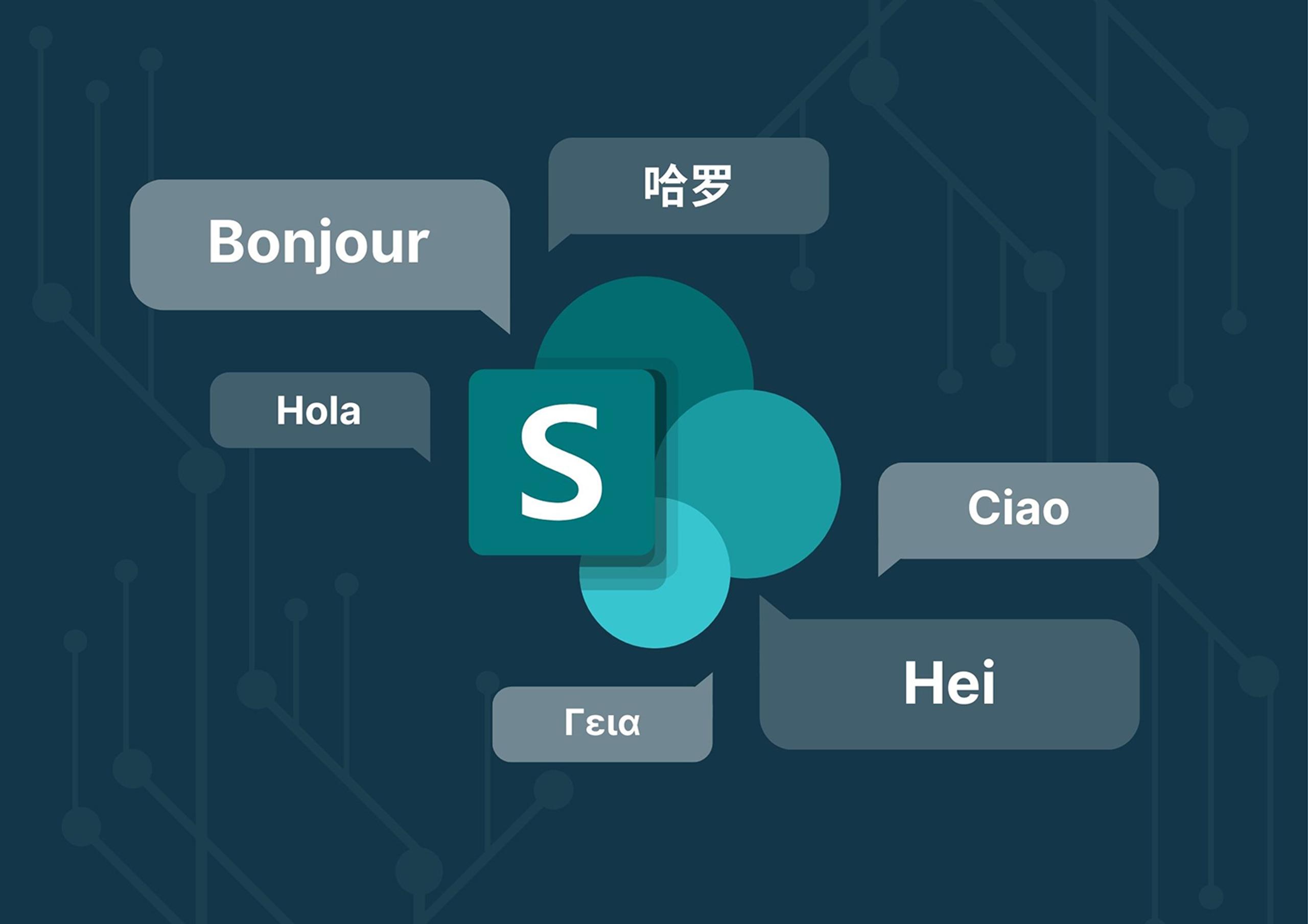 Illustrasjon av sharepointlogo med "Hei" på flere språk