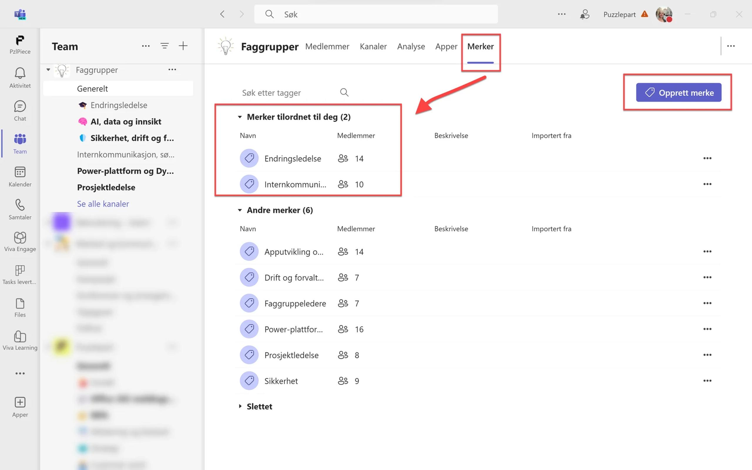 Skjermbilde av bruk av merkelapper i teamskanaler