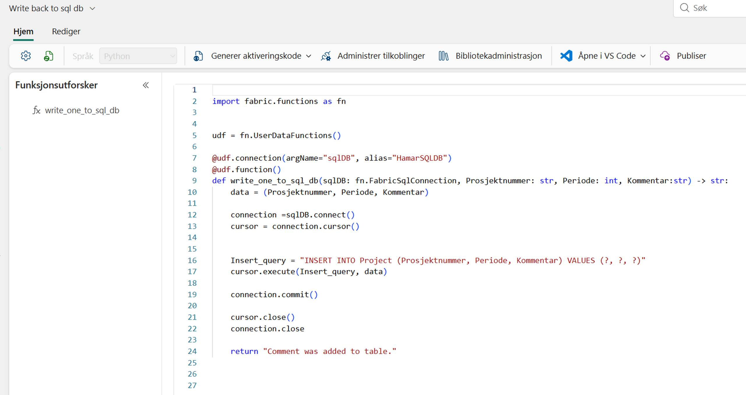 Skjermbilde brukerdefinert funksjon i MS Fabric