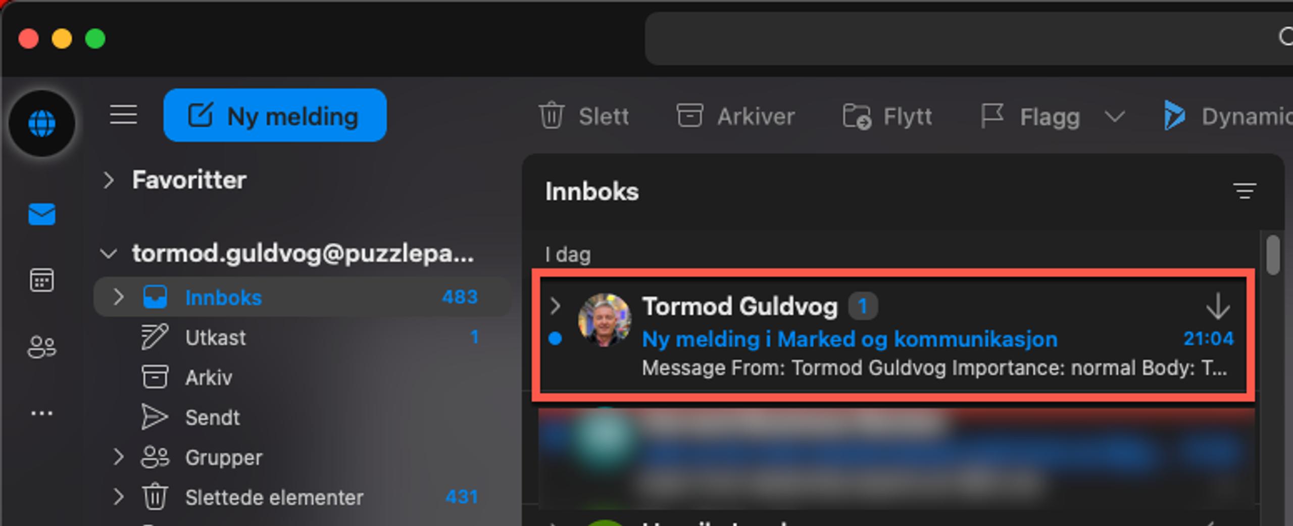 Skjermbilde: Test av at epost via Power Automate har kommet frem