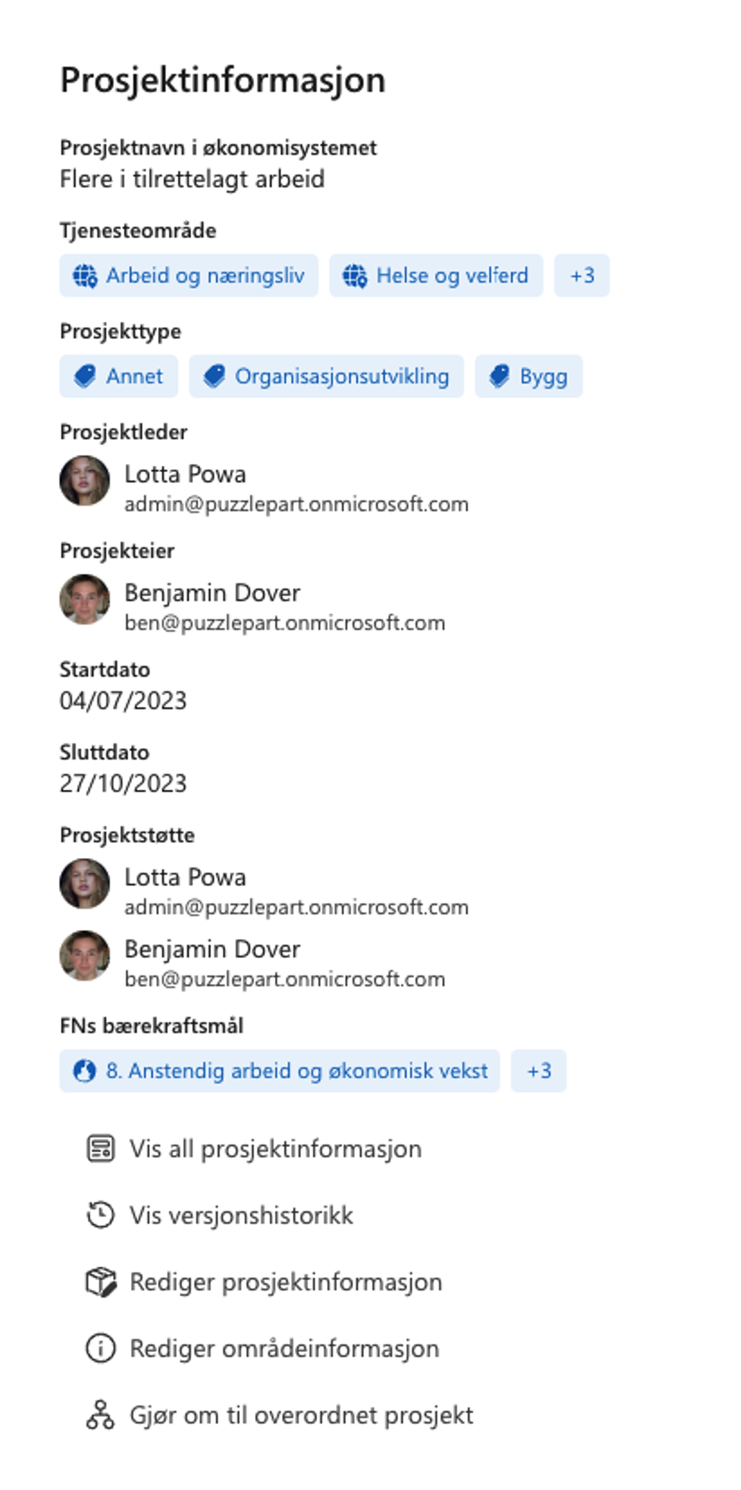 Skjermbilde Prosjektportalen - Prosjektinformasjon
