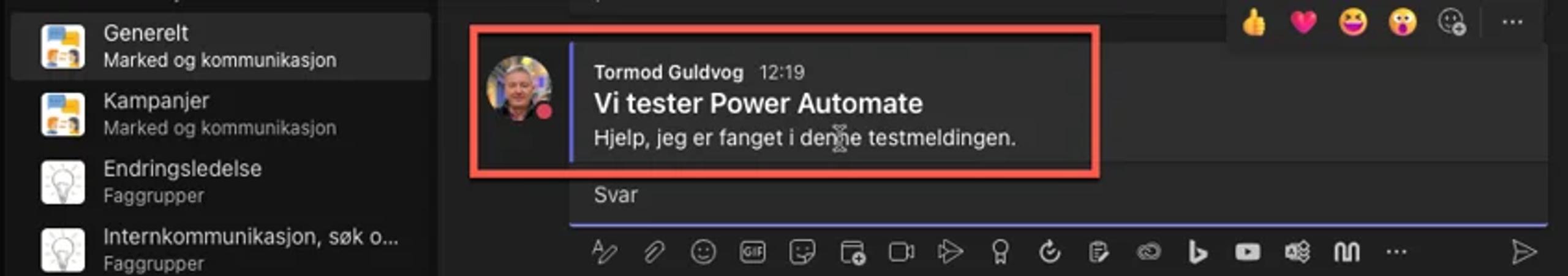 Skjermbilde av test av power automat fra teams chat