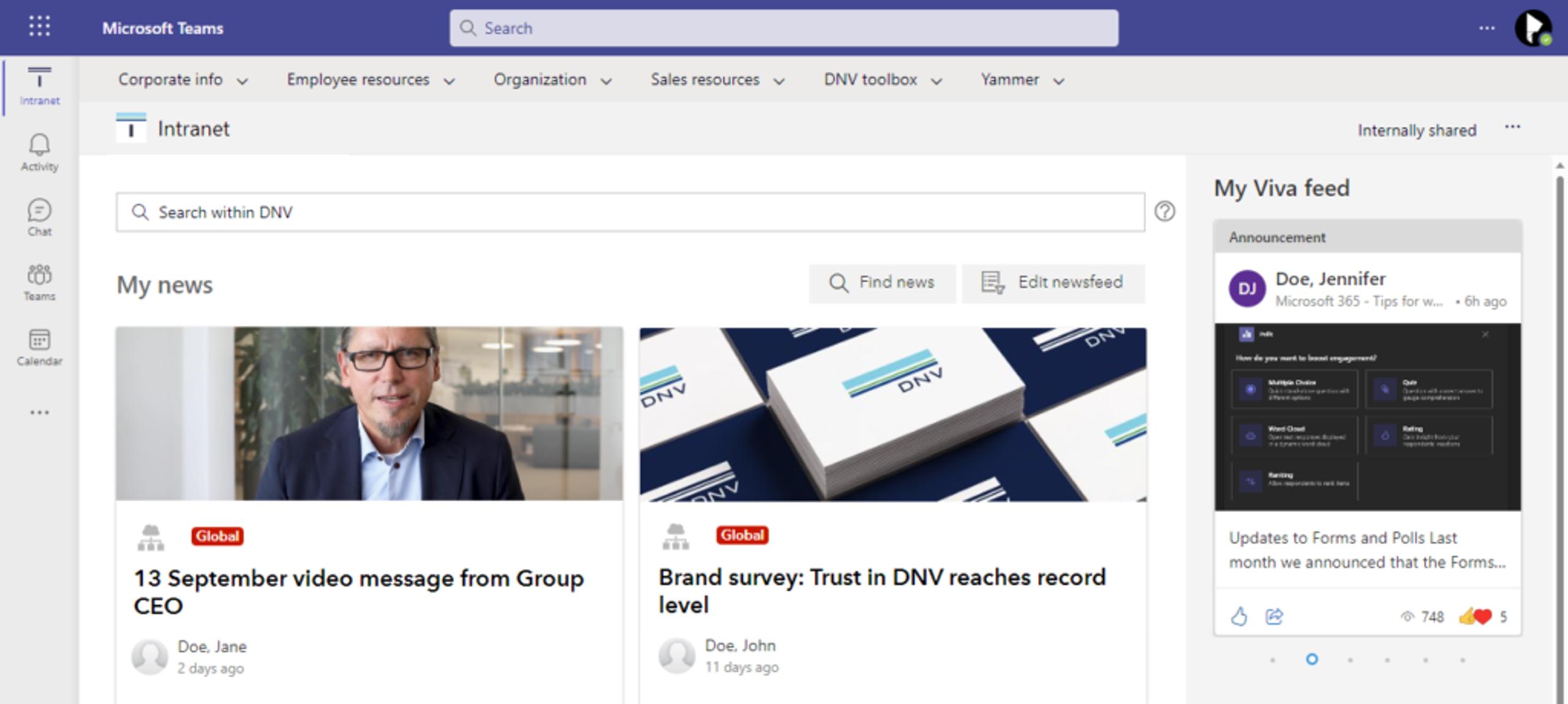 Skjermbilde av intranettvisning i Teams