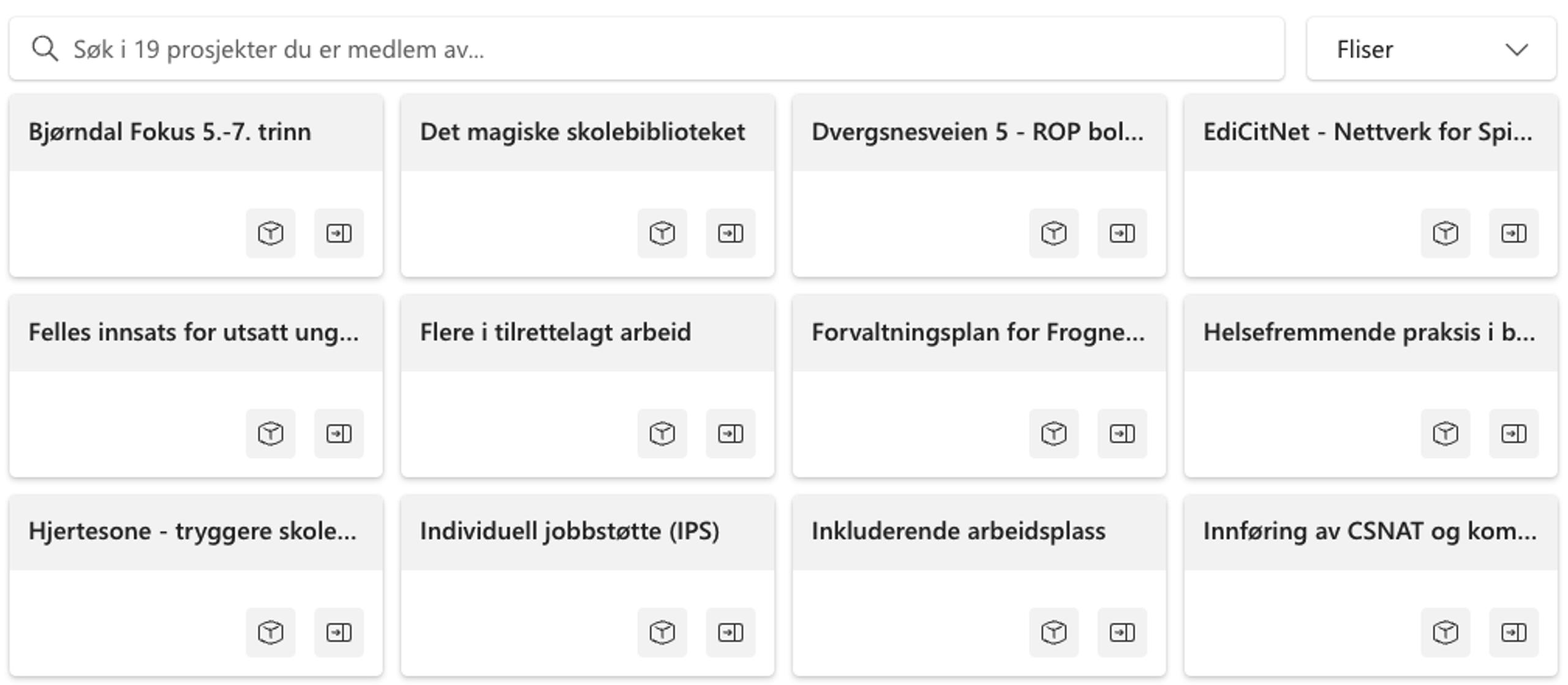 Skjermbilde Prosjektportalen - Minimalistisk visning