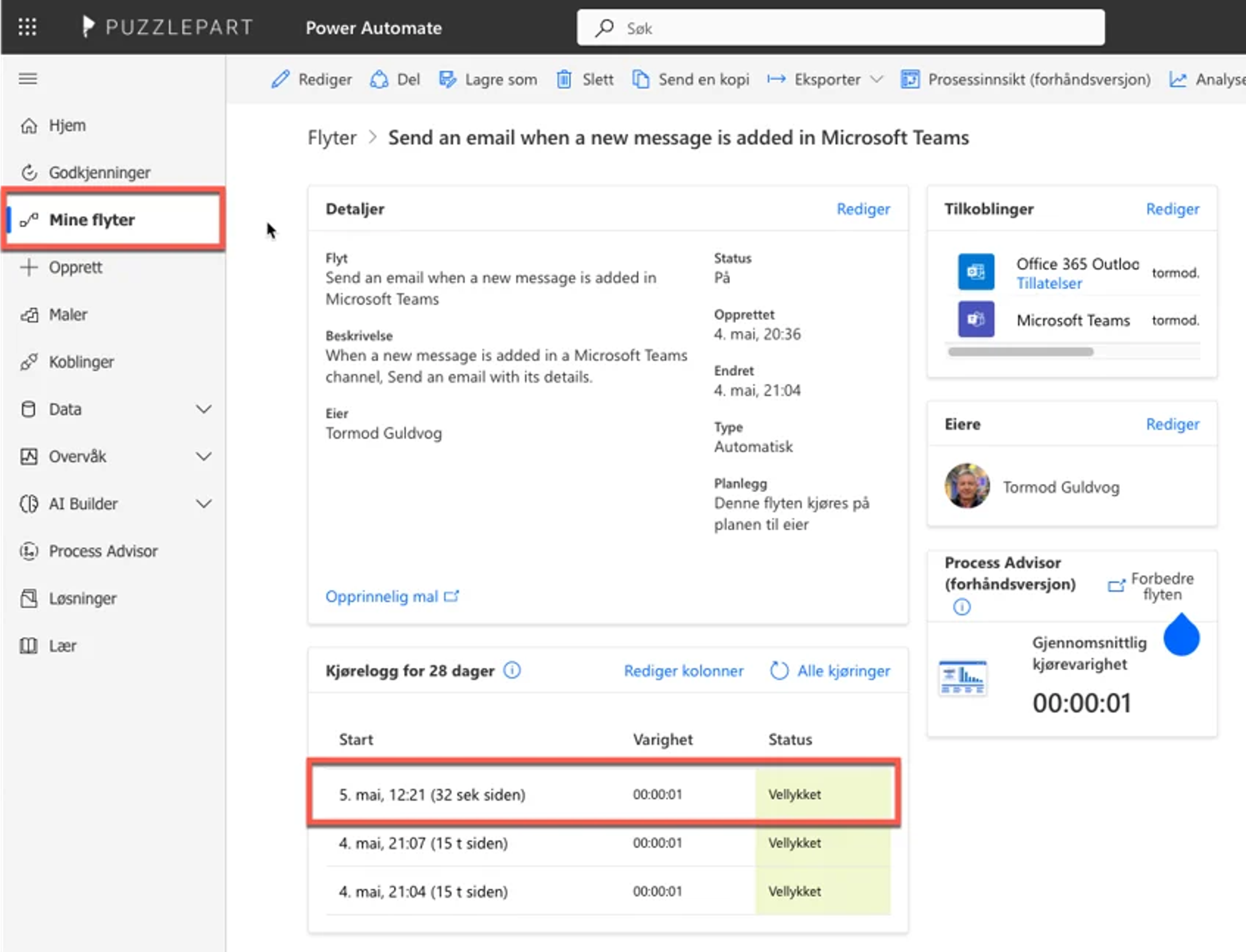 Skjermbilde: Test av at arbeidsflyt har kjørt