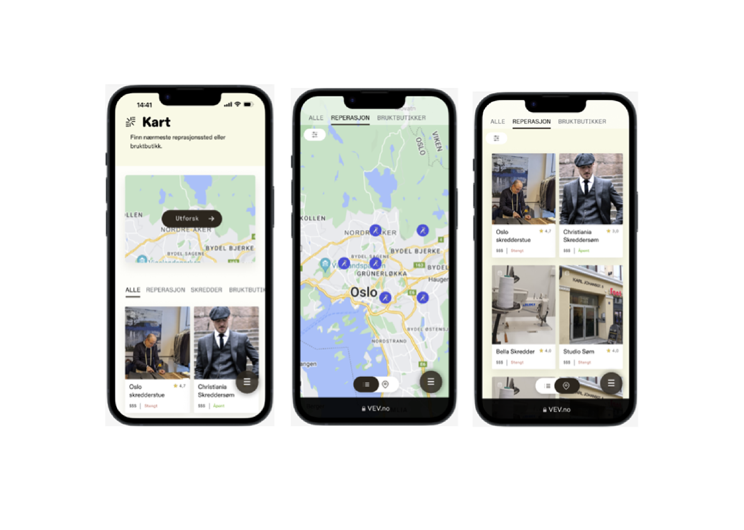 Kartvisning av reparasjonssteder på NF&TAs nettsted Vev