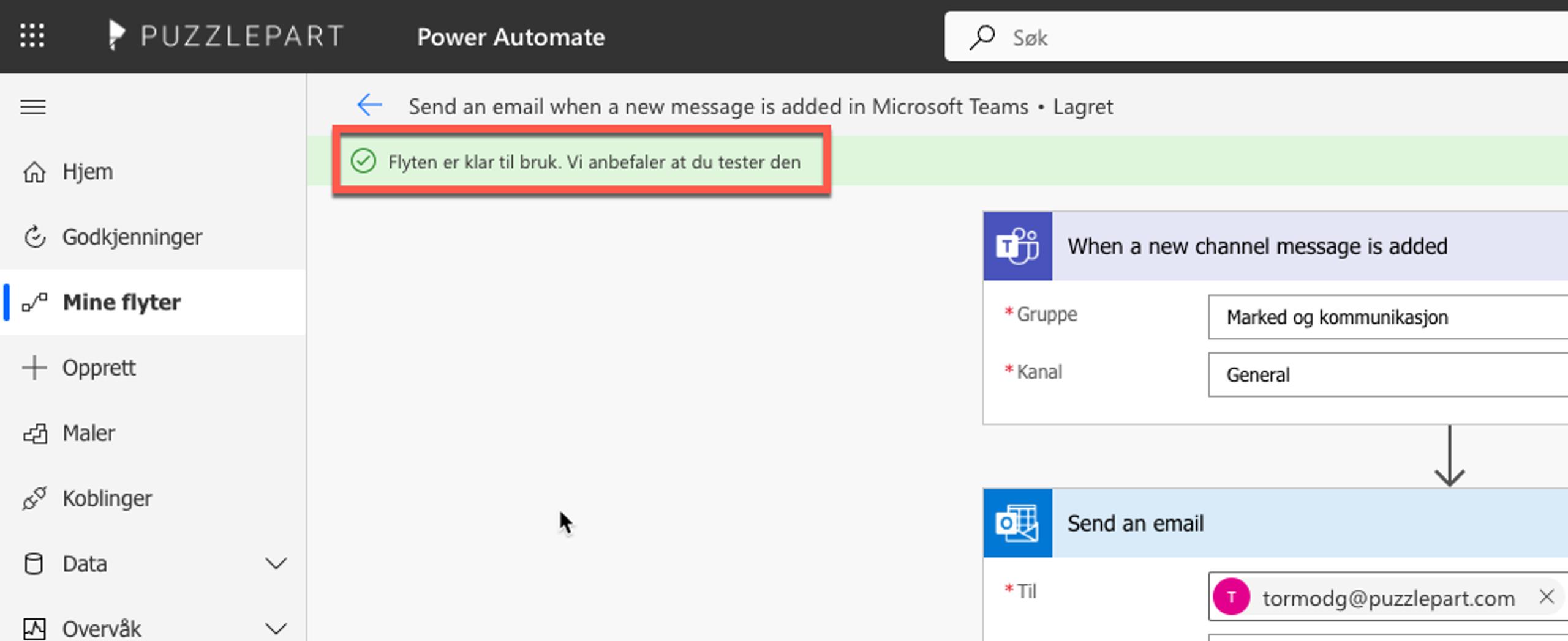 Skjermbilde av lagre og teste arbeidsflyt