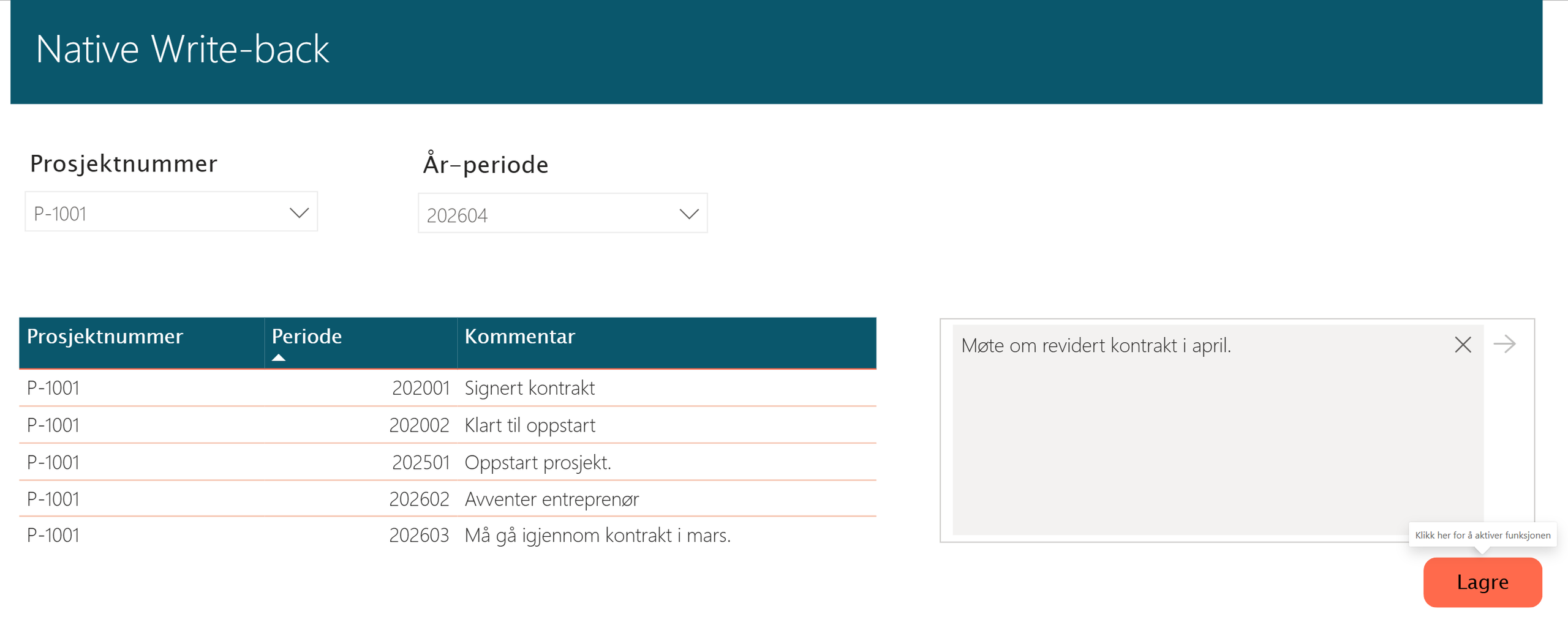 Skjermbilde Power BI med write-back eksempel