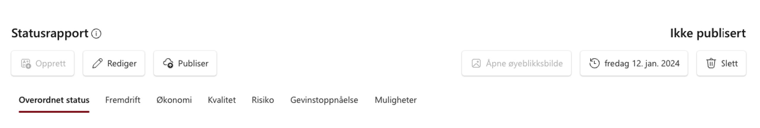 Skjermbilde Prosjektportalen - Statusrapport