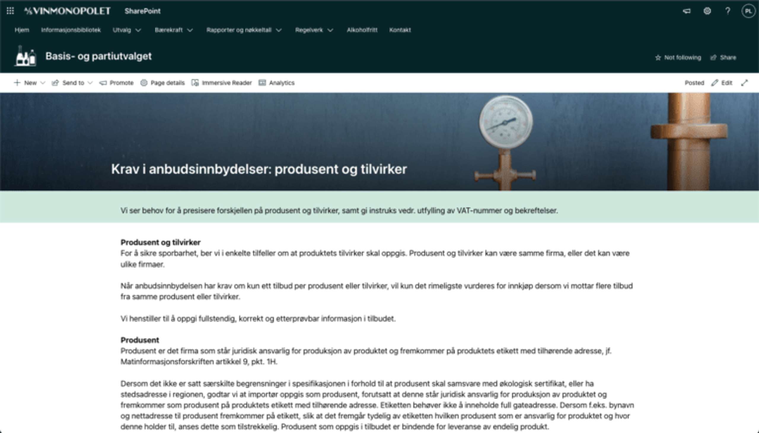 Skjermbilde av leverandørportal for Vinmonopolet - Artikkel