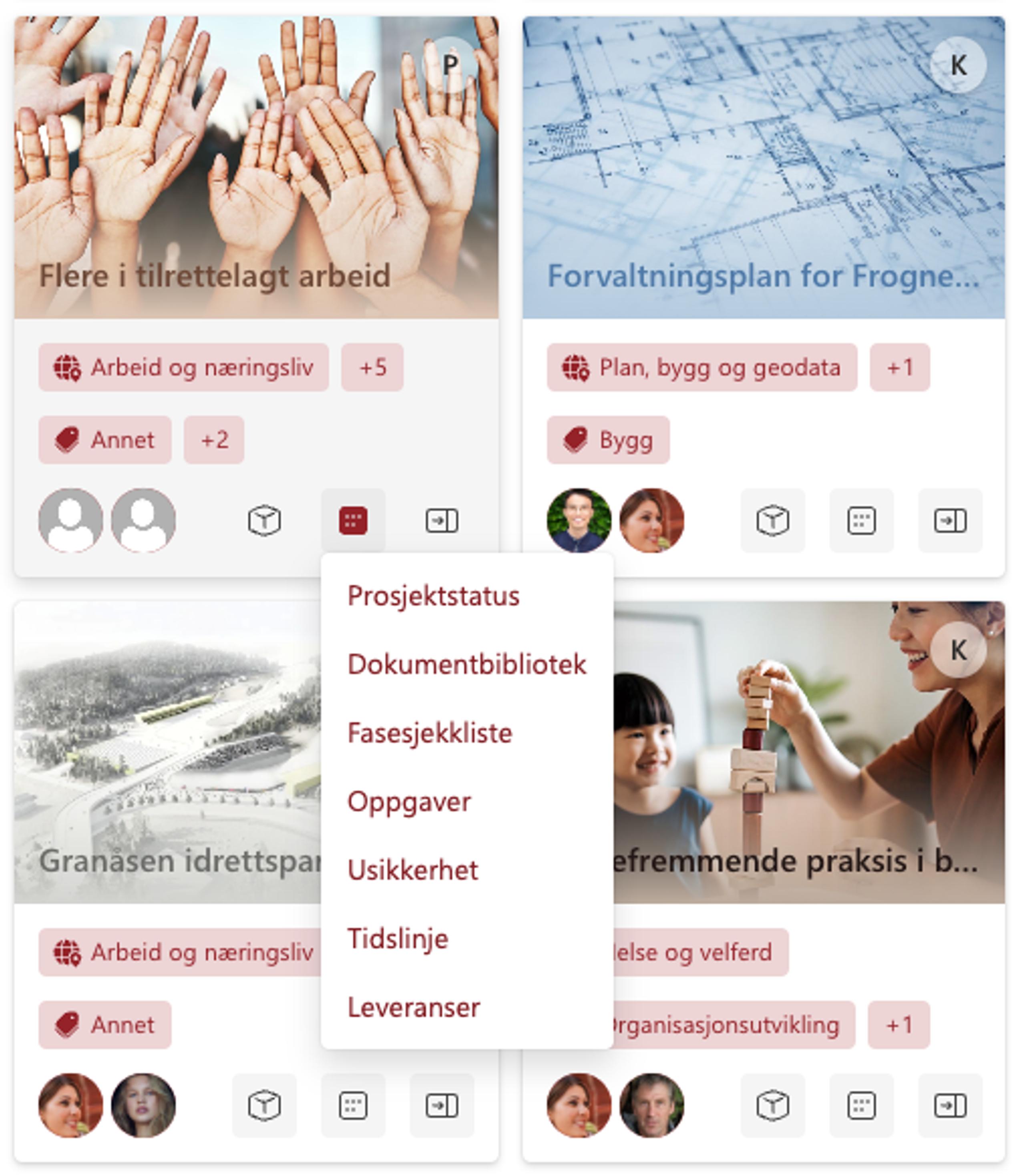 Skjermbilde Prosjektportalen - Hurtigmeny