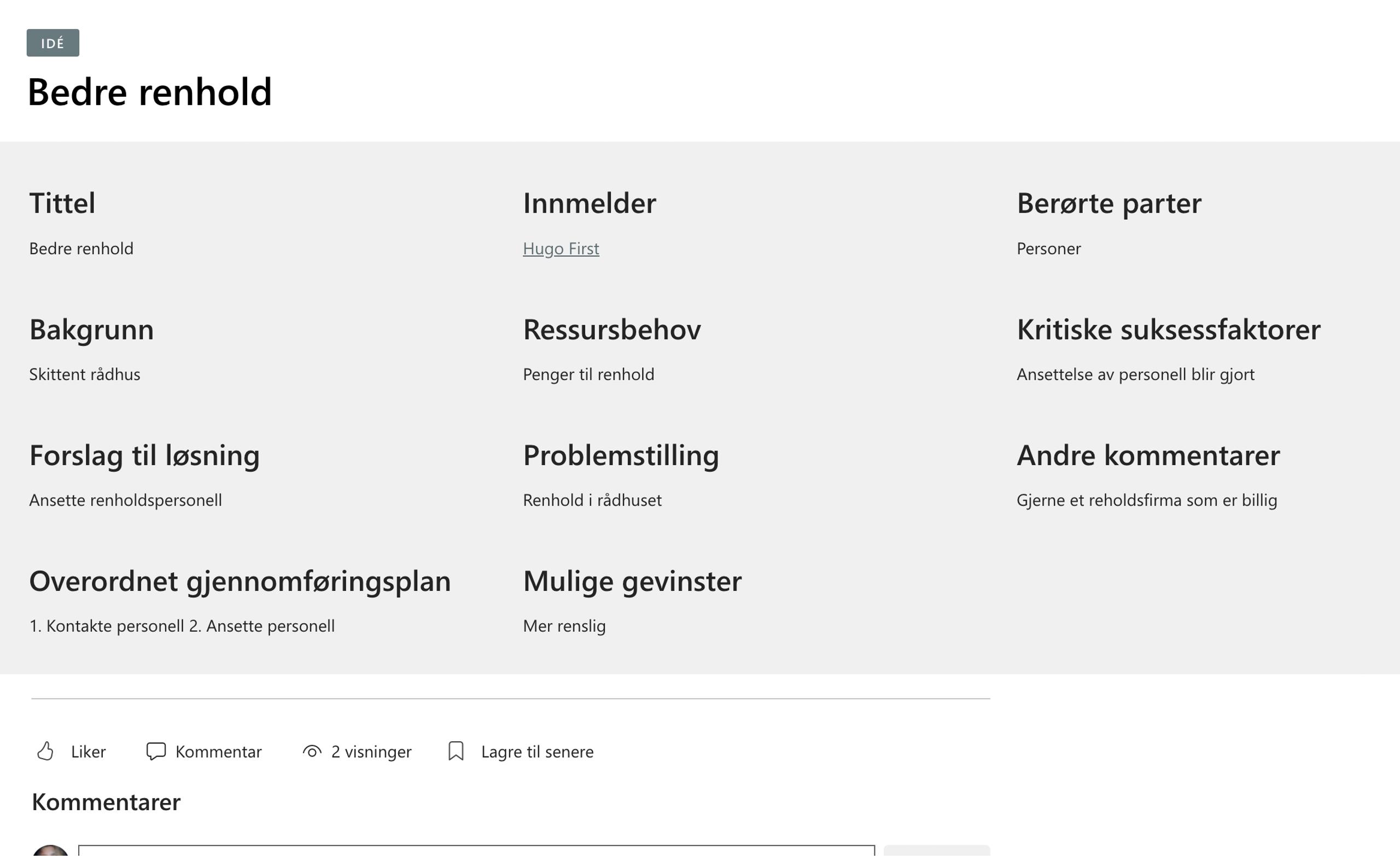Skjermbilde Prosjektportalen - Idemodul