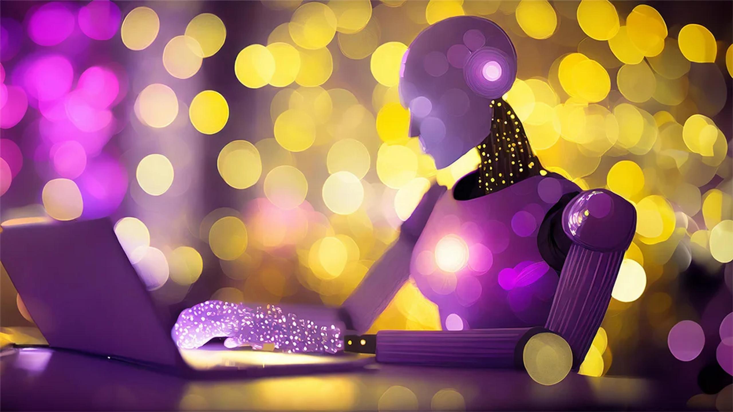 Illustrasjon laget av CoPilot - Robot som sitter og skriver på PC