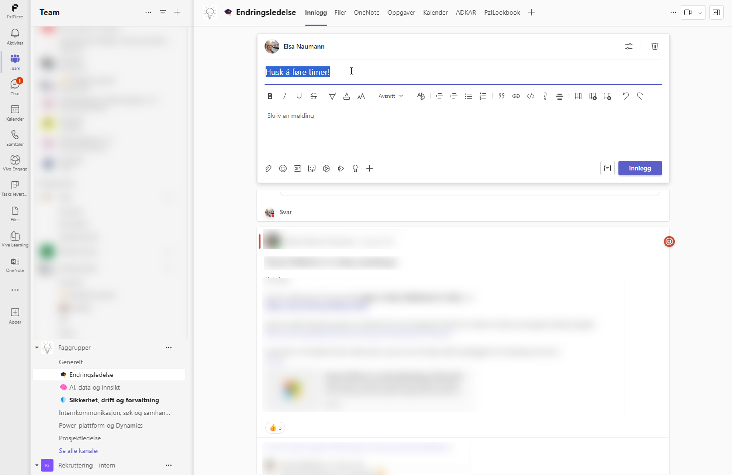 Skjermbilde av å legge inn tittel på innlegg teams