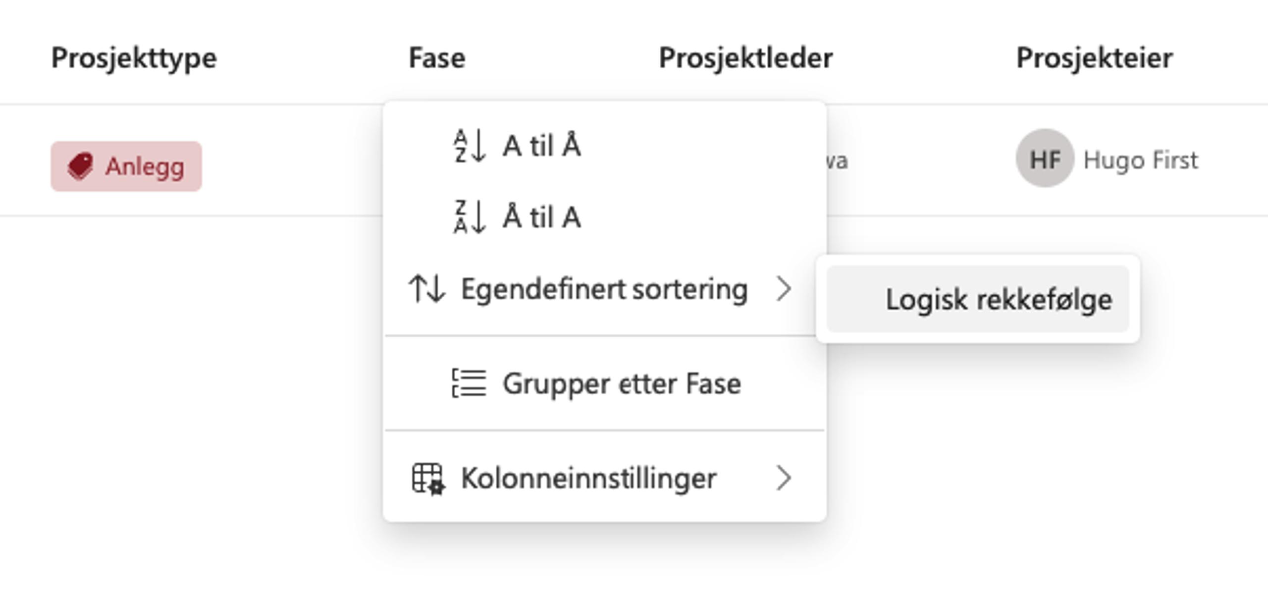 Skjermbilde Prosjektportalen - Egendefinert rekkefølge