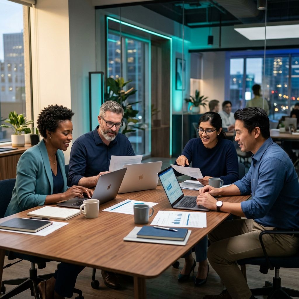 A firm's team reviewing financial reports together around a conference table