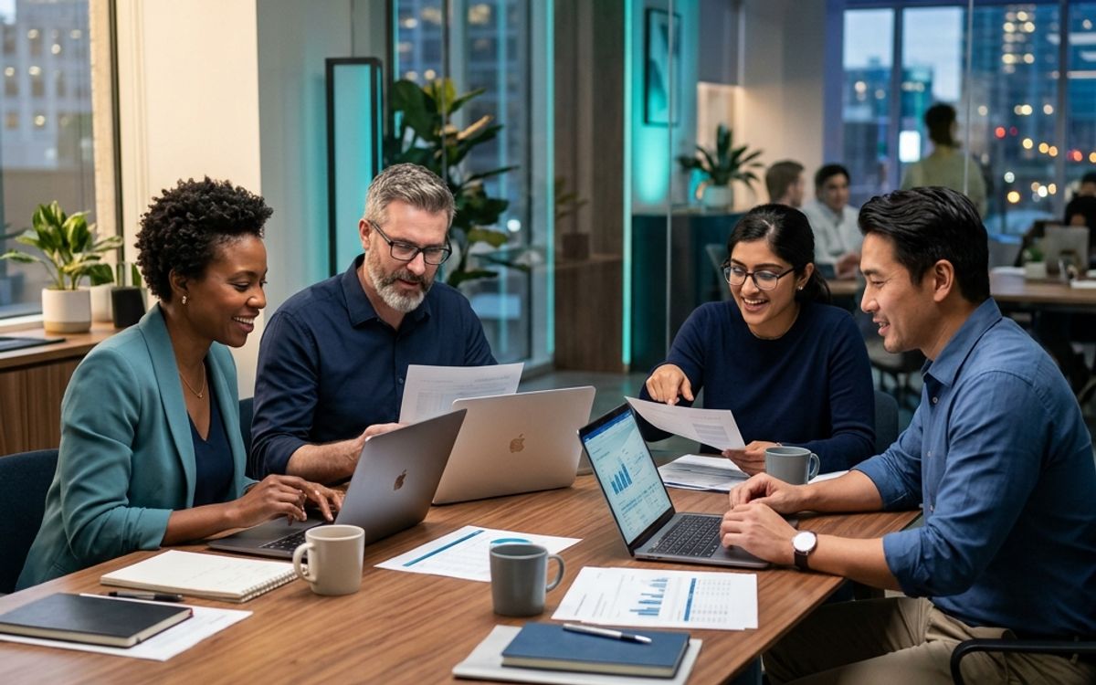 A firm's team reviewing financial reports together around a conference table