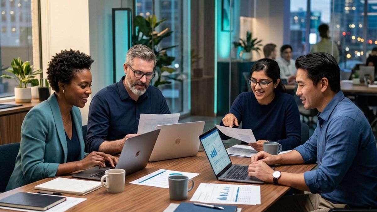 A firm's team reviewing financial reports together around a conference table