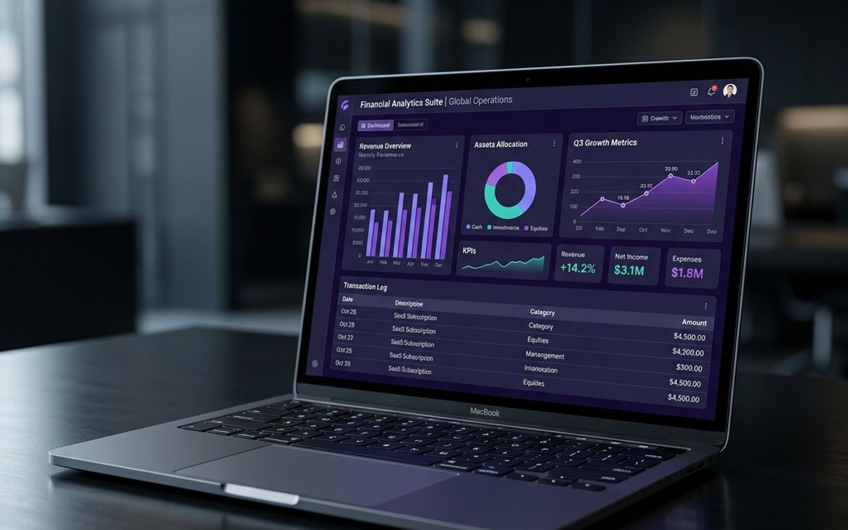 A laptop showing a financial analytics dashboard with margin and revenue charts
