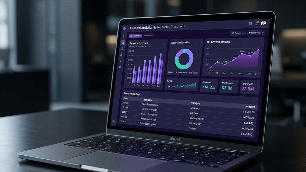 A laptop showing a financial analytics dashboard with margin and revenue charts
