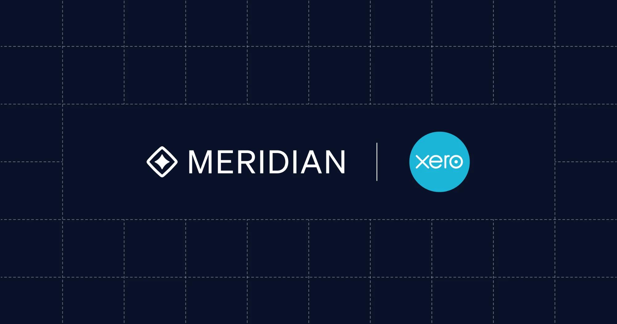 The Meridian and Xero logos side by side on a dark navy blueprint grid, representing the Xero Connector by Meridian