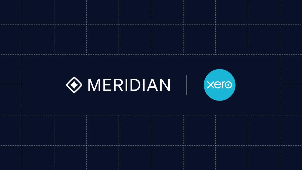 The Meridian and Xero logos side by side on a dark navy blueprint grid, representing the Xero Connector by Meridian