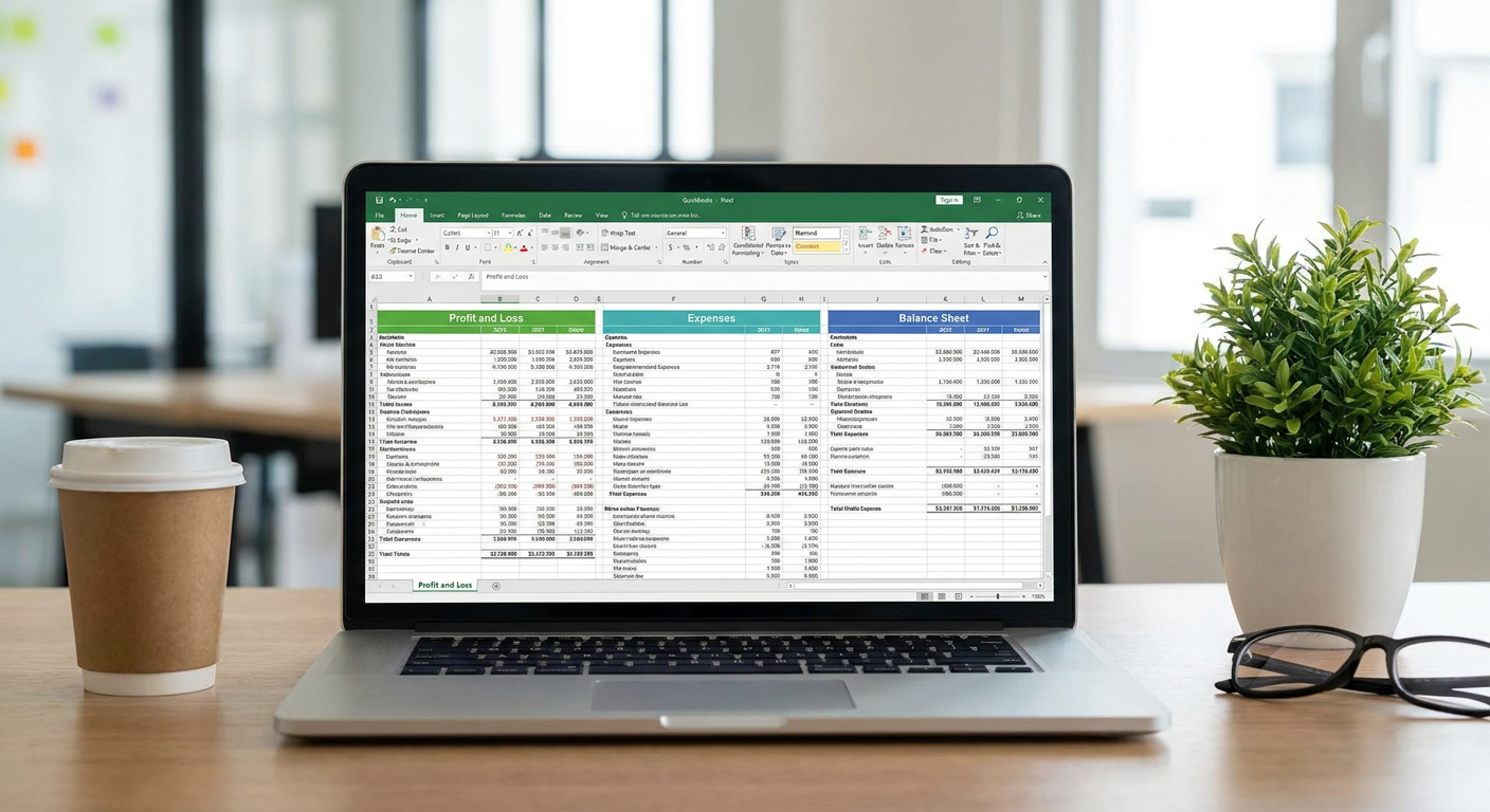 A laptop showing profit and loss, expense, and balance sheet statements, representing month-end close automation software