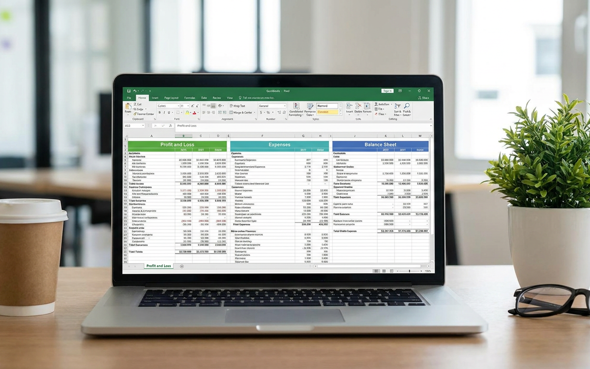 A laptop showing profit and loss, expense, and balance sheet statements, representing month-end close automation software