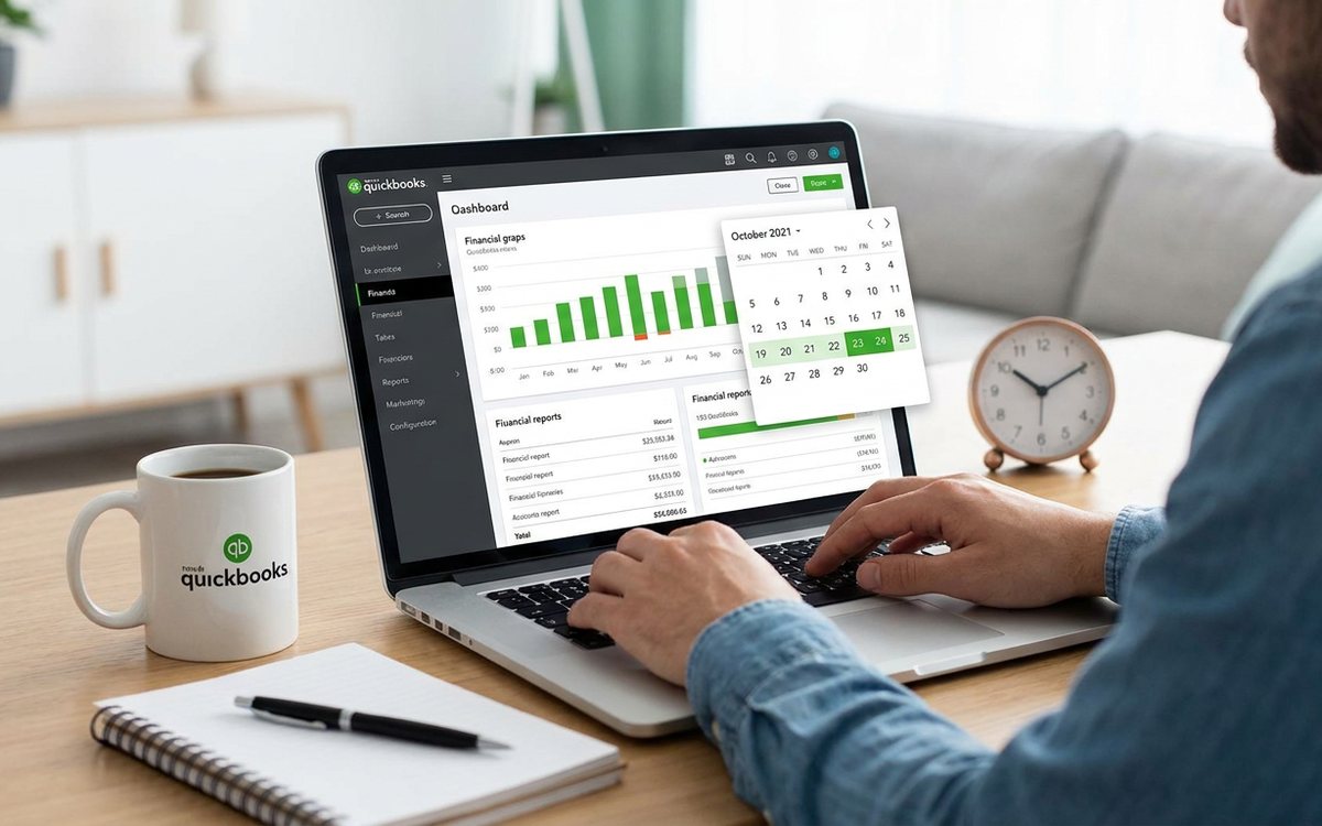 An accountant reviewing a QuickBooks Online dashboard with a month-end calendar, representing firm-side close software