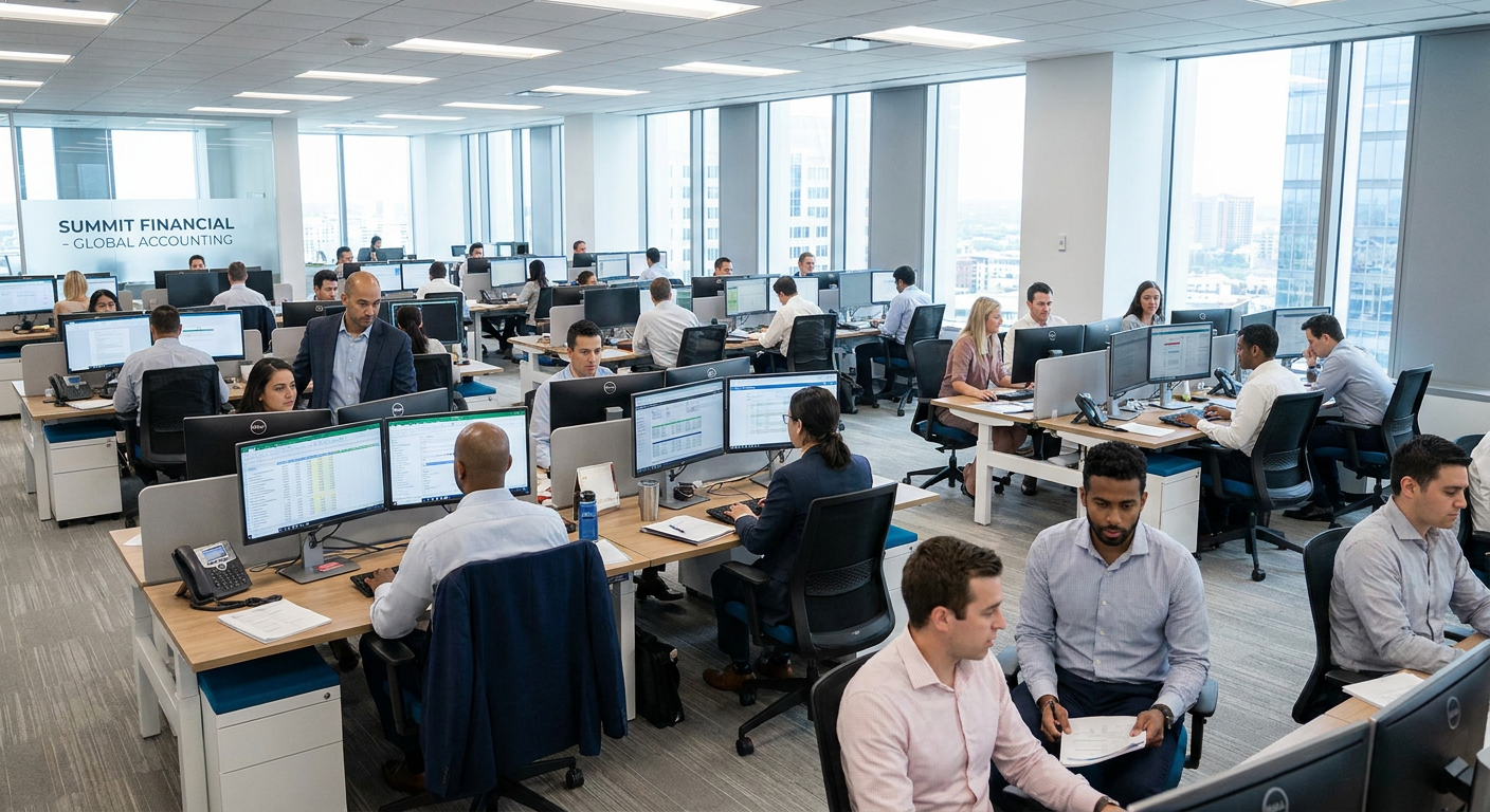 A large accounting firm office floor of accountants at work, representing enterprise close software