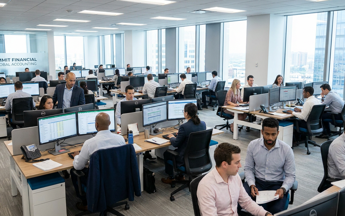 A large accounting firm office floor of accountants at work, representing enterprise close software